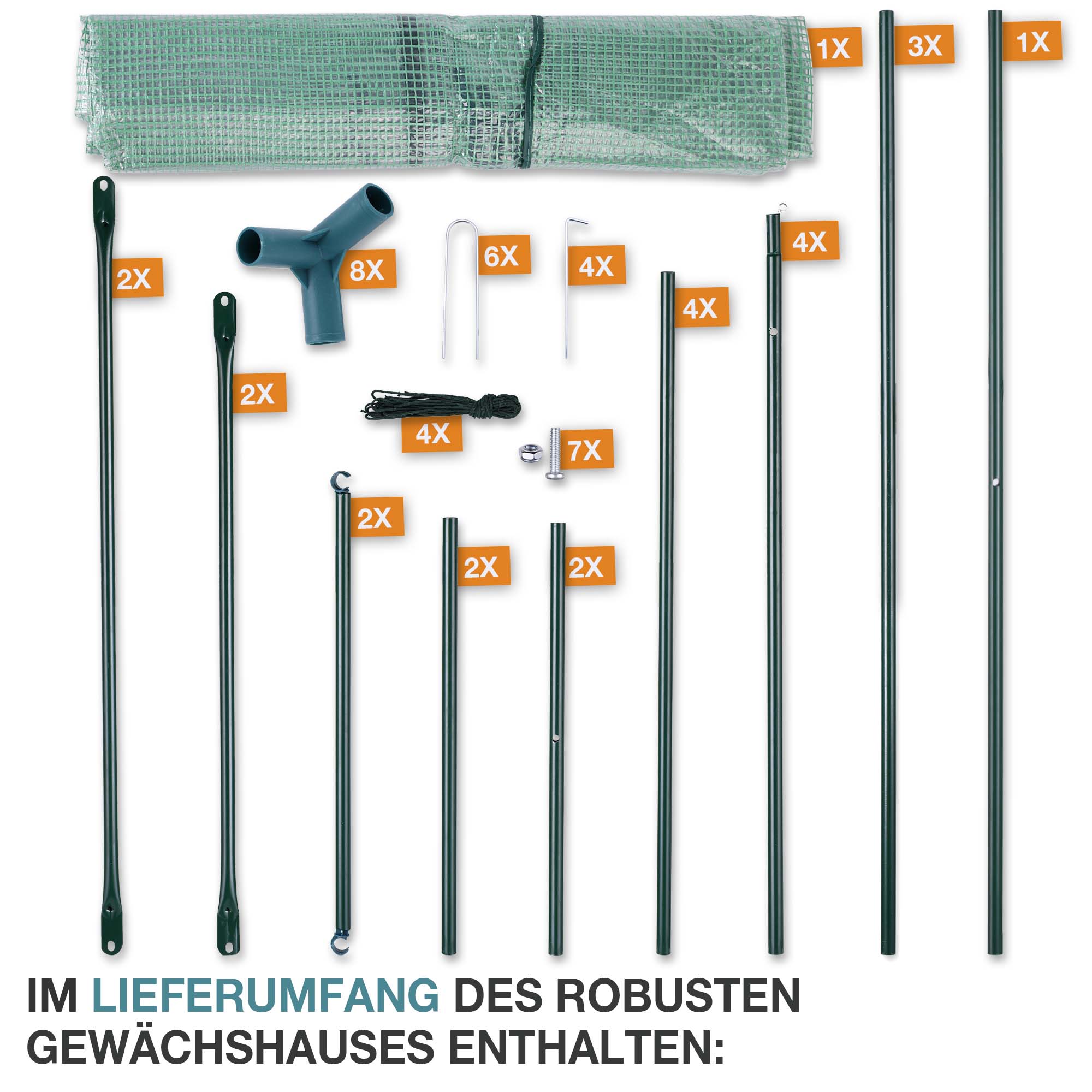 Im Lieferumfang des robusten Gewächshauses enthalten sind verschiedene Stangen Verbinder Heringe und die Gitterfolie