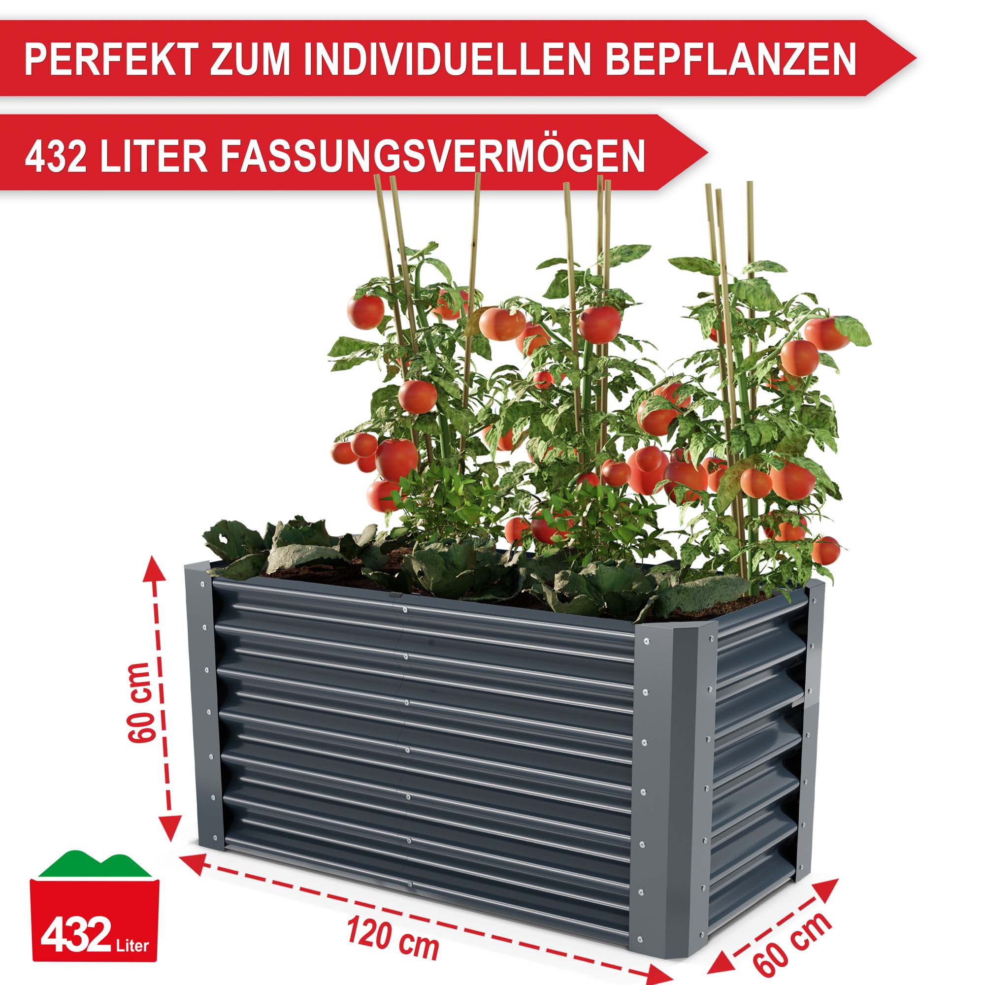 Optimales Hochbeet für individuelle Bepflanzung 432 Liter Volumen Maße 120 cm x 60 cm x 60 cm