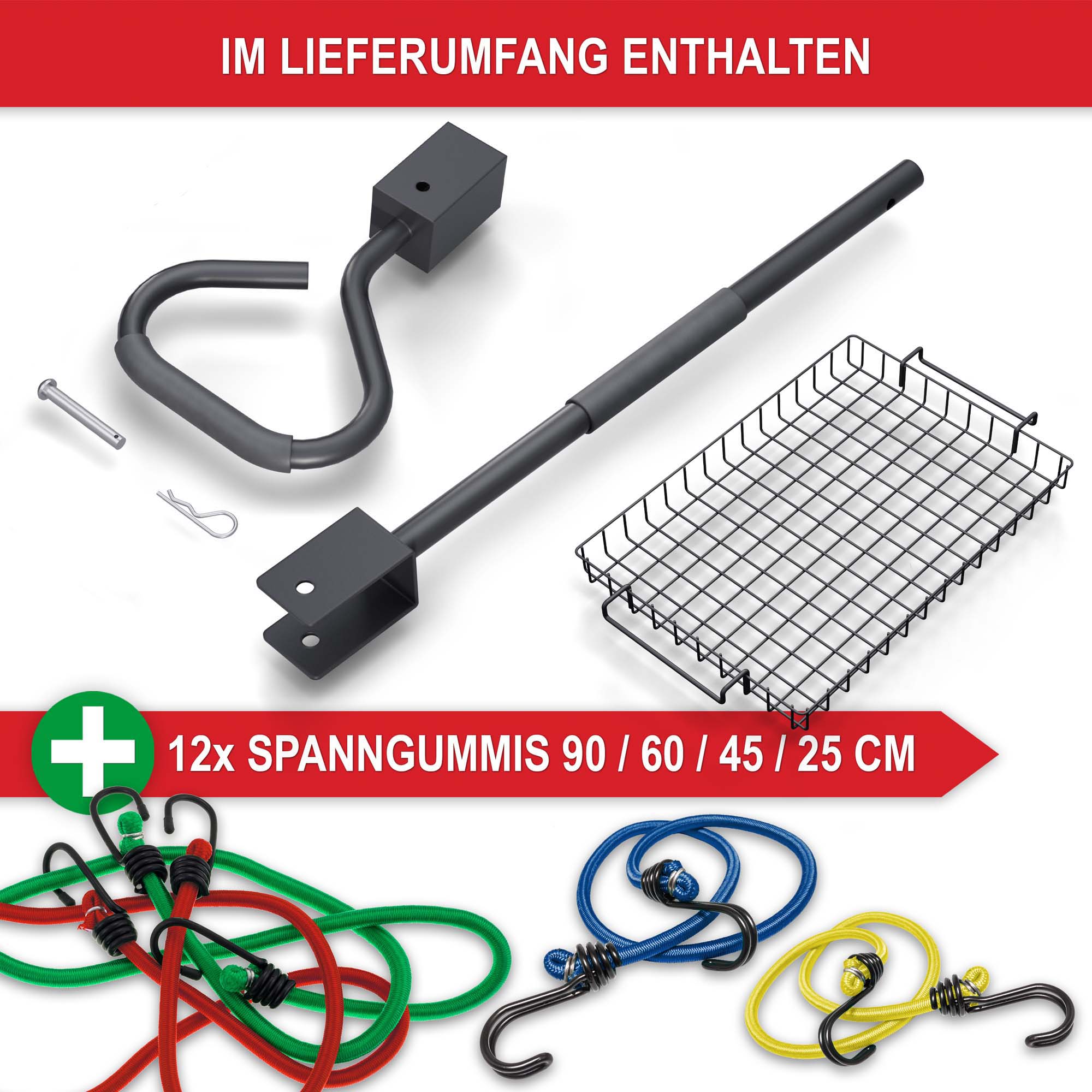 Alles im Set 12 Spanngummis (90/60/45/25 cm) robustes Zubehör wie Haltegriff Stange und Gitterkorb