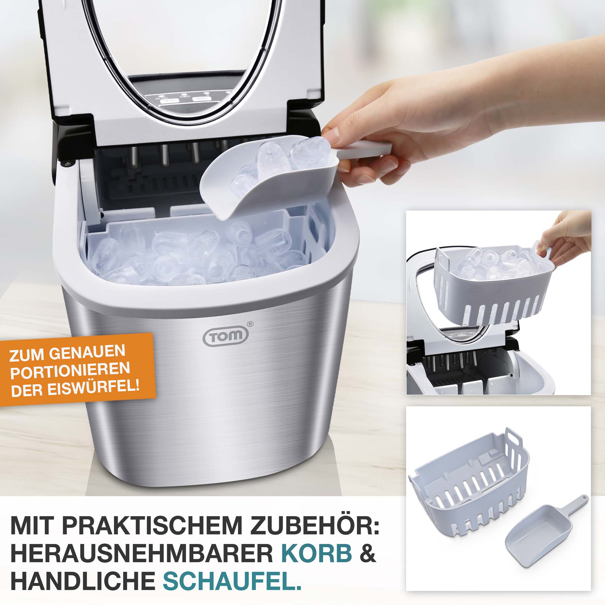 Eiswürfelmaschine IC-120 edelstahl – Herausnehmbarer Korb – Handliche Schaufel – Praktisches Zubehör – Einfache Portionierung – Effiziente Nutzung