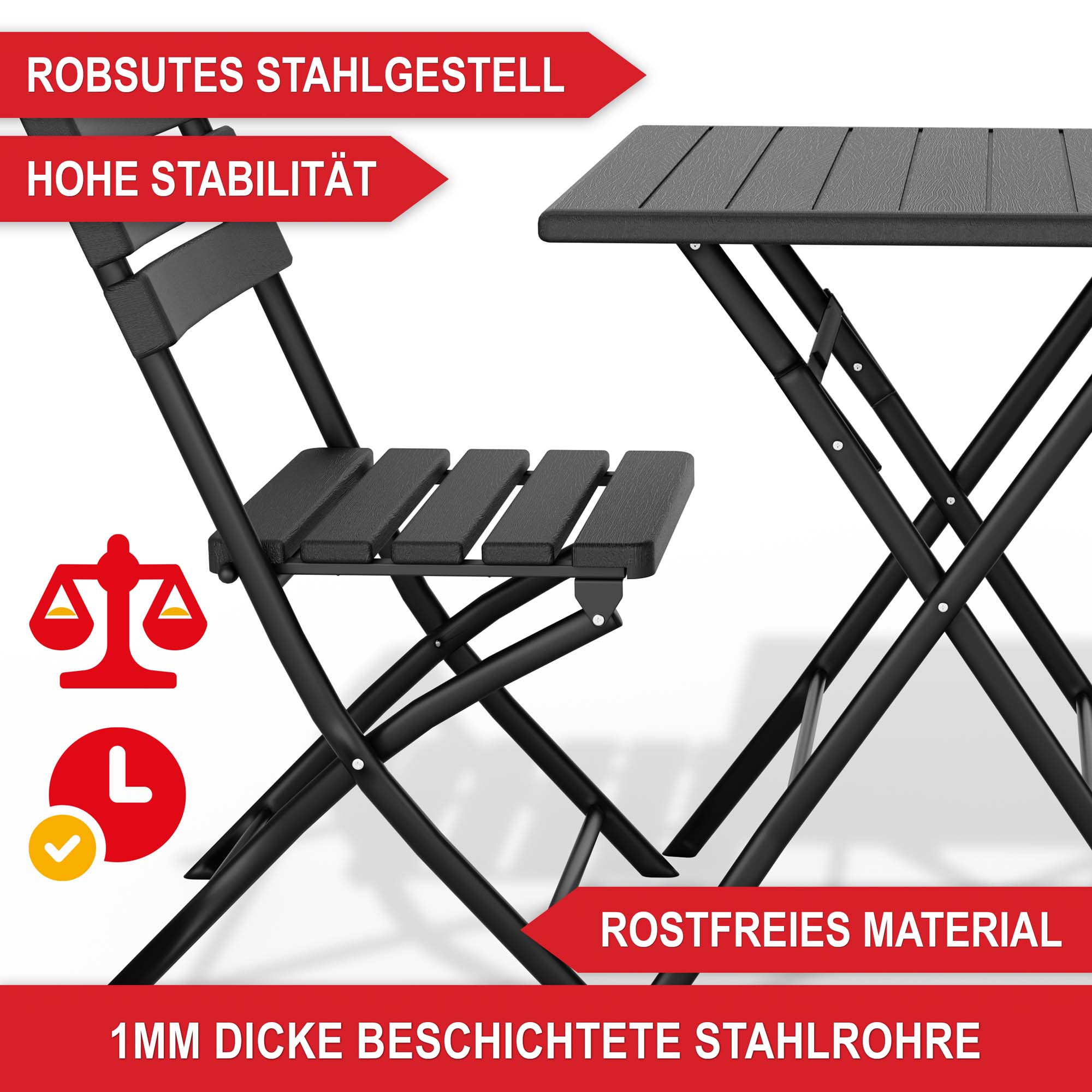 Robustes Stahögestell hohe Stabilität rostfreies Material 1 mm dicke beschichtete Stahlrohre Balkonset Woody