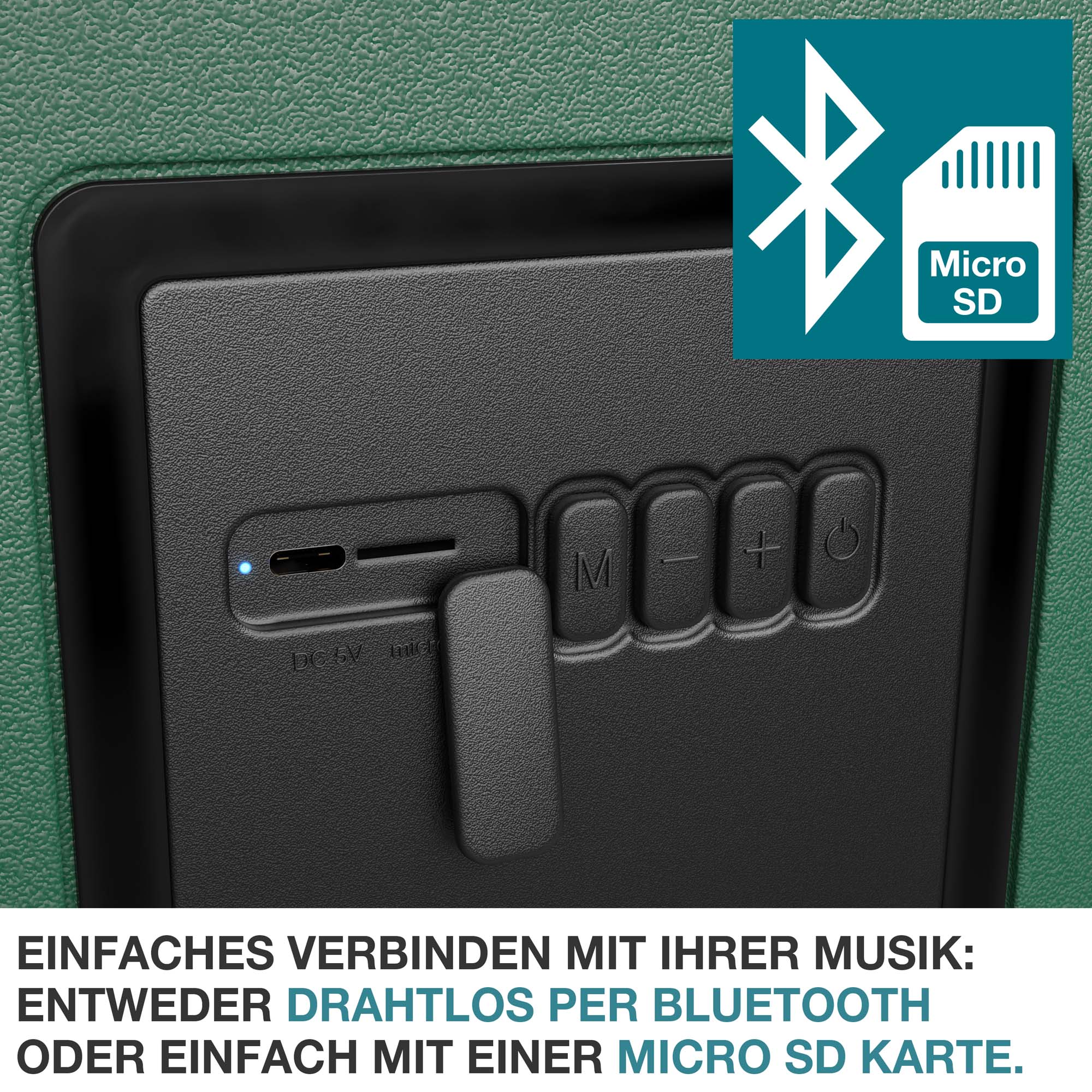 Musikkühlbox Grün - Bluetooth und Micro SD – Einfaches Verbinden Ihrer Musik – Drahtlos über Bluetooth oder Micro SD Karte – Ideal für Outdoor und Reisen