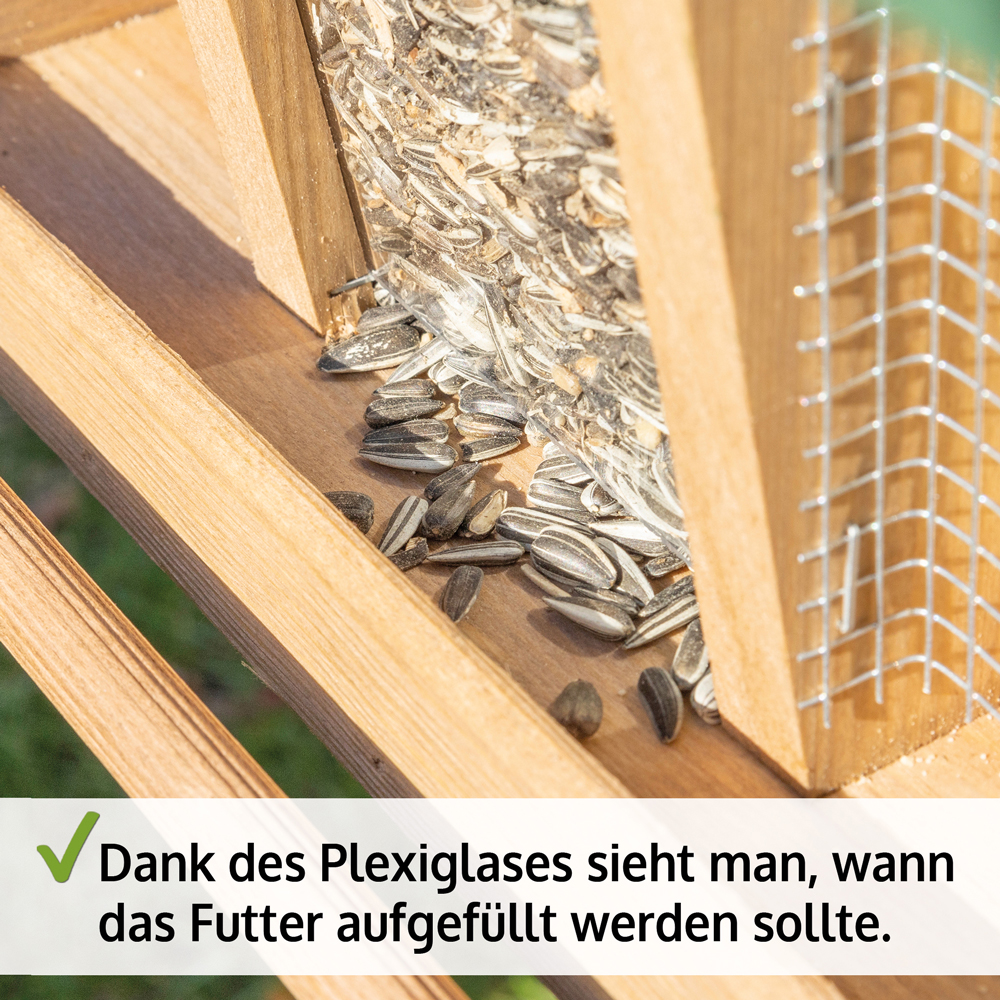 Vogelhaus Bird Kitchen mit Plexiglasfenster durch das der Füllstand des Vogelfutters sichtbar ist damit man rechtzeitig nachfüllen kann