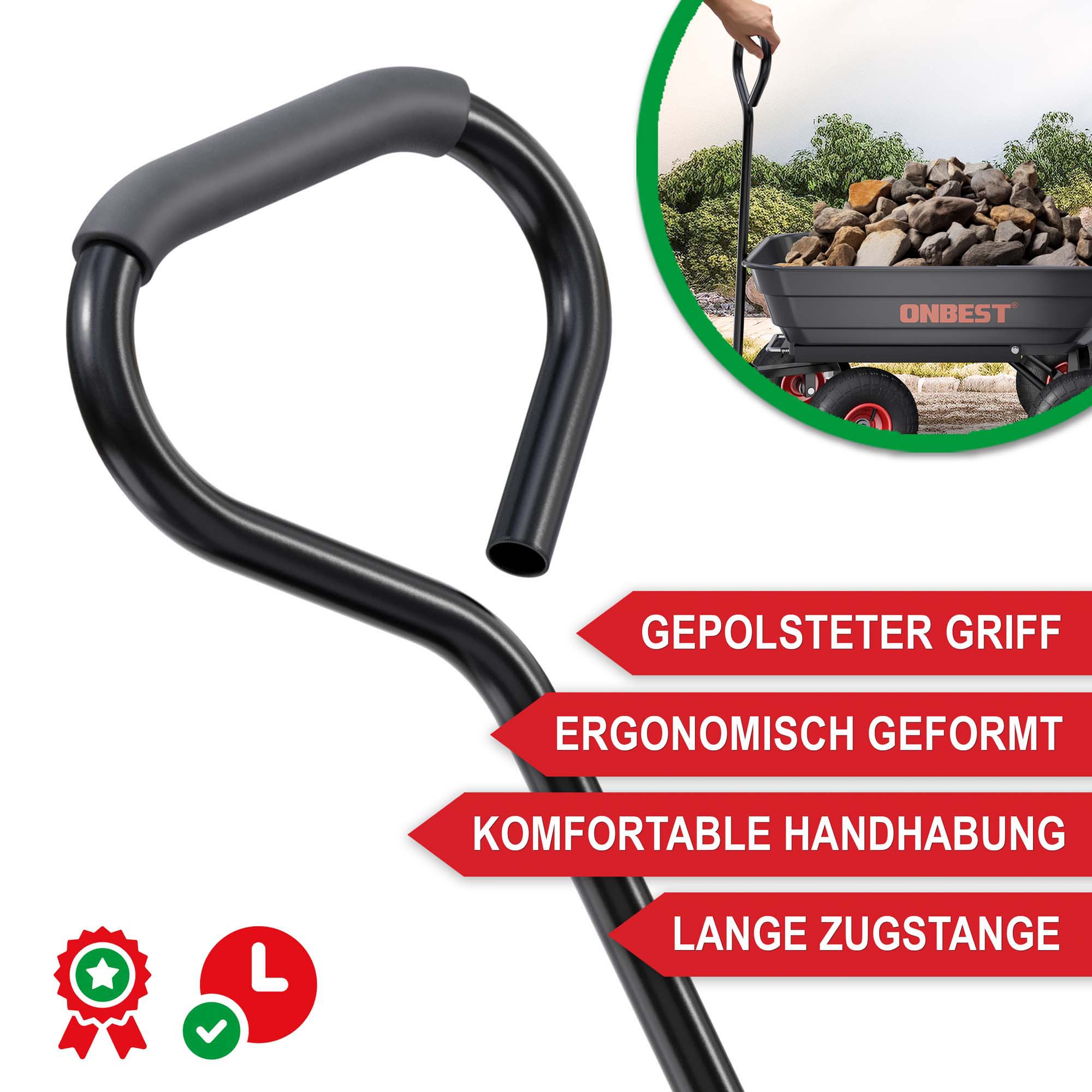 ONBEST Garten-wagen mit gepolstertem Griff ergonomisch geformt komfortable Handhabung lange Zugstange