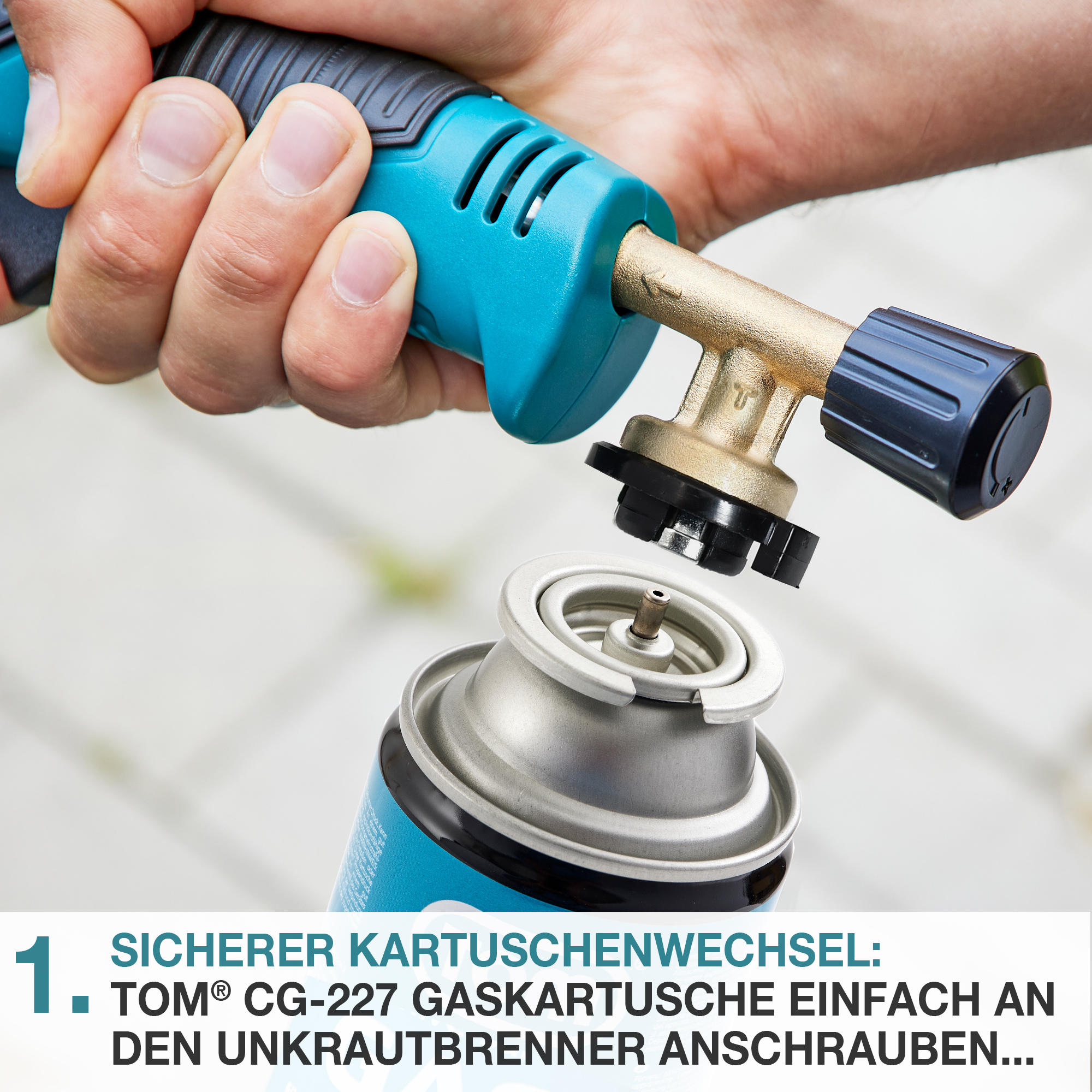 sicherer Kartuschenwechsel TOM CG-227 Gaskartuschen - leicht anschraubbar an den Unkrautbrenner - Abflammen - Unkrautvernichter - Chemiefrei