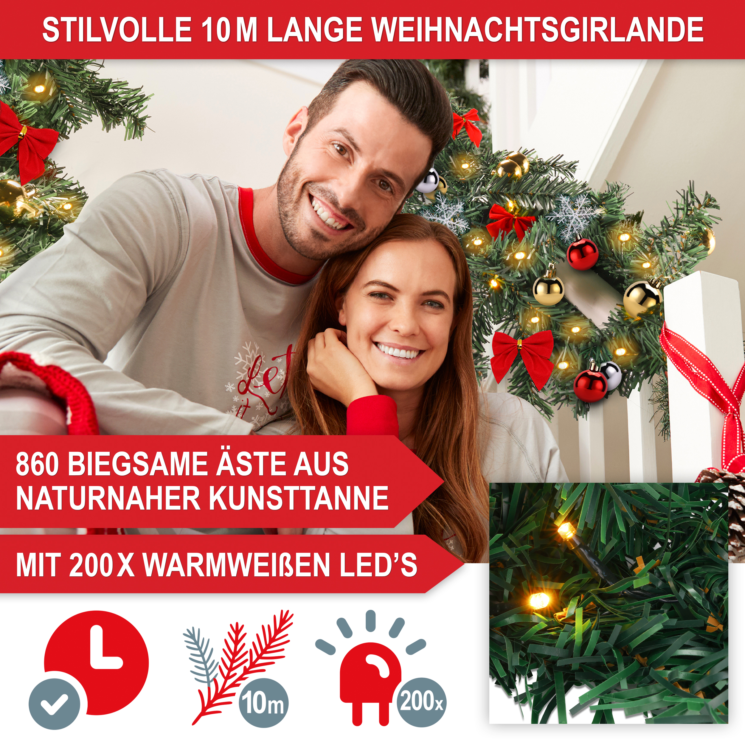 Weihnachtsgirlande - stilvolle 10 m lange Weihnachtsgirlande - 860 biegsame Äste aus naturnaher Kunsttanne - 200 warmweiße LEDs - Weihnachtsdekoration - Tannengirlande - für Innen- und Außendekoration