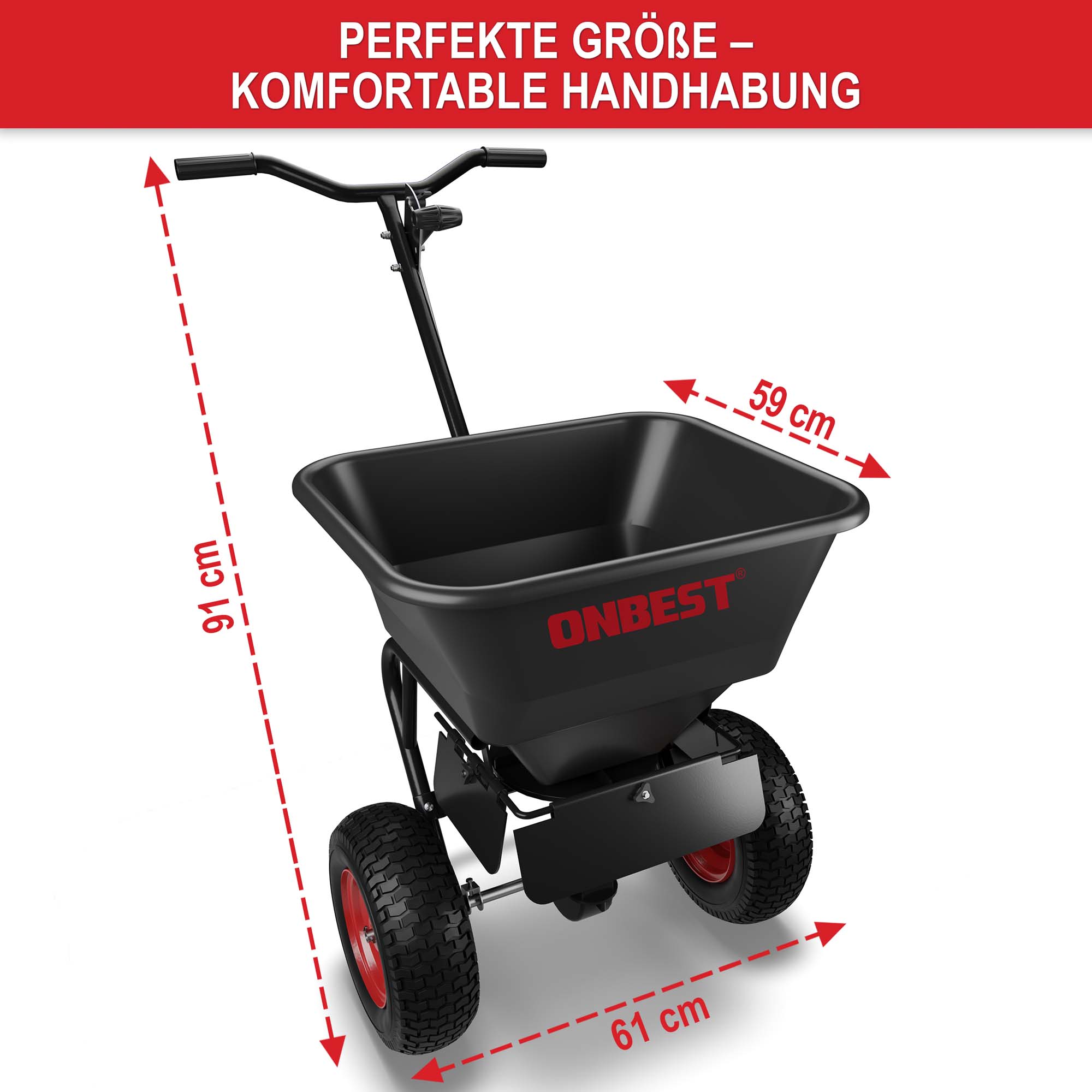 Streuwagen 45 Liter - perfekte Größe - komfortable Handhabung 91 cm x 61 cm x 59 cm - Rollstreuer - Düngerstreuer - Streugutwagen - Gartengerät - Salzstreuwagen - Handstreuwagen - Winterdienstgerät - Ganzjahresstreuer