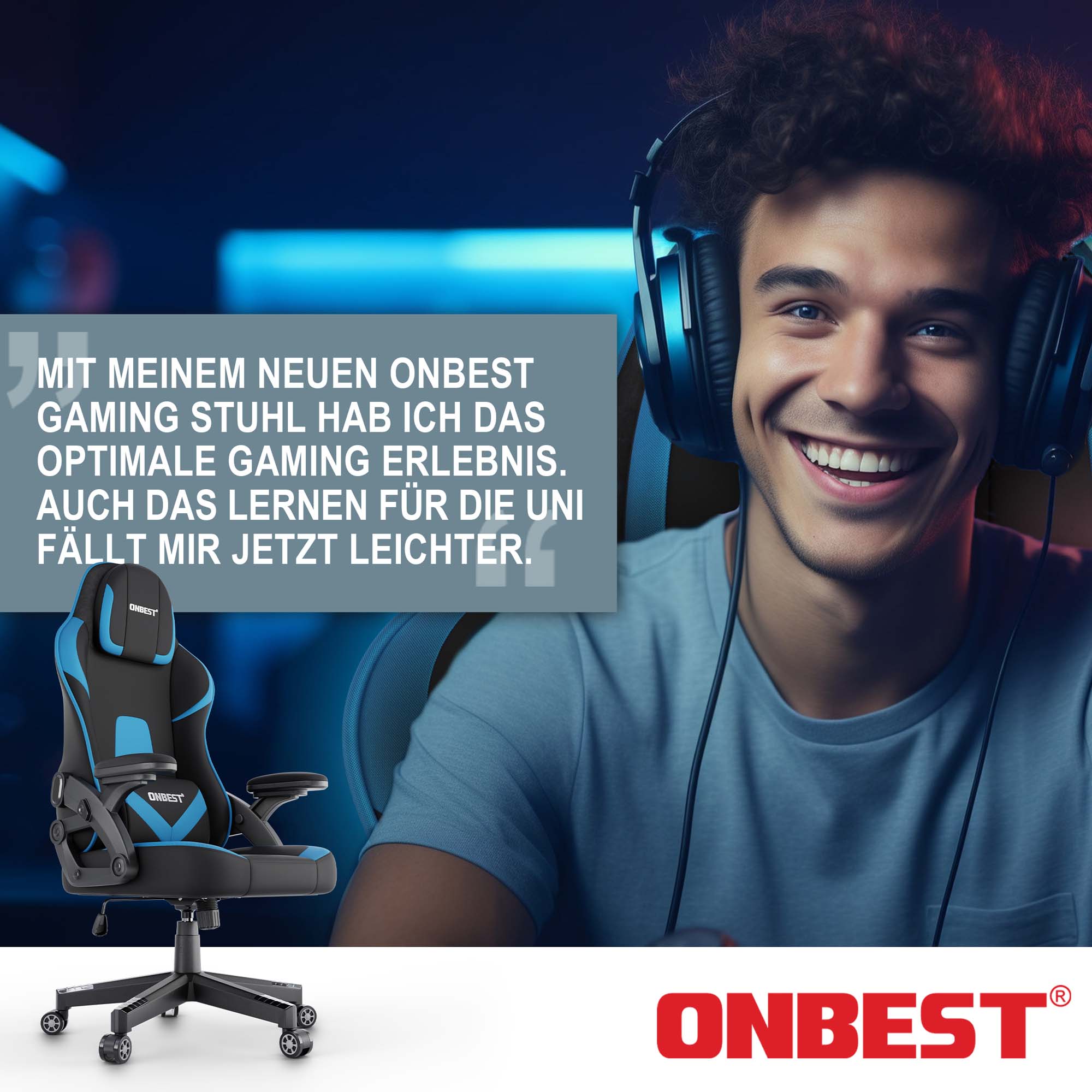 ONBEST Gaming Stuhl schwarz-blau optimal für Gaming und Lernen