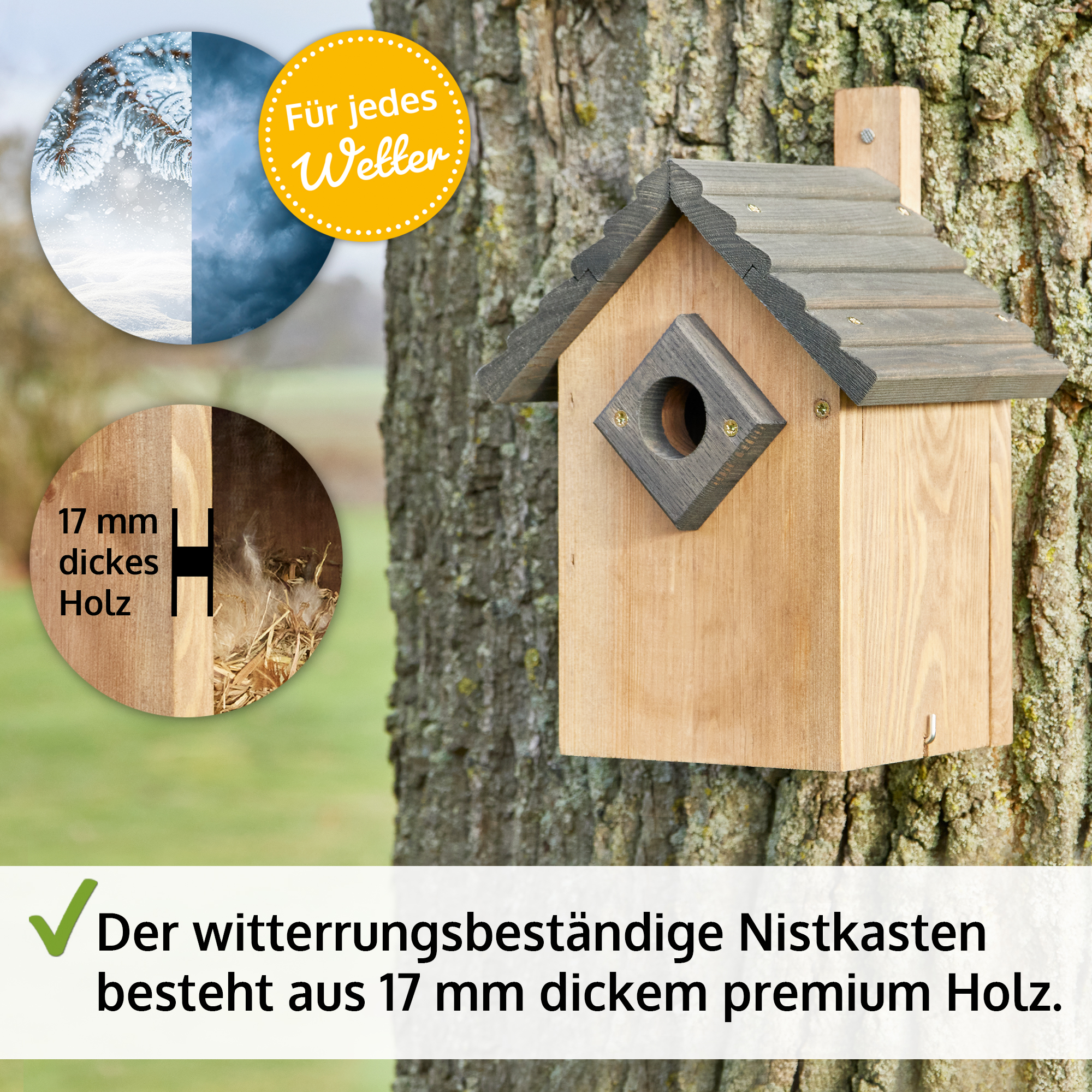 Dieser wetterfeste Nistkasten besteht aus hochwertigem 17 mm dickem Holz und bietet Vögeln einen sicheren Unterschlupf bei jedem Wetter