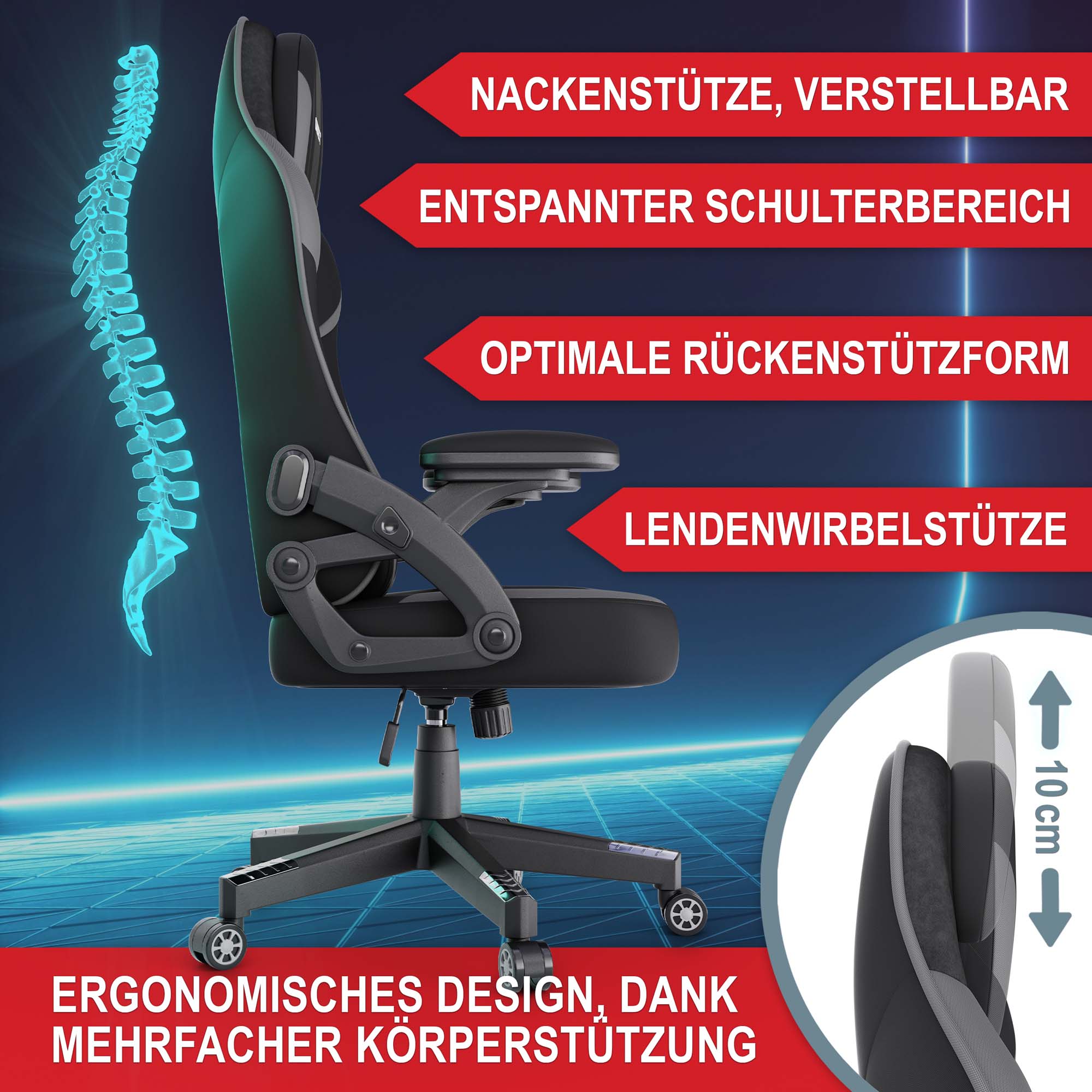 Ergonomischer Gamingstuhl schwarz-grau mit verstellbarer Nackenstütze Lendenwirbelstütze und optimaler Rückenstützform für entspannten Schulterbereich