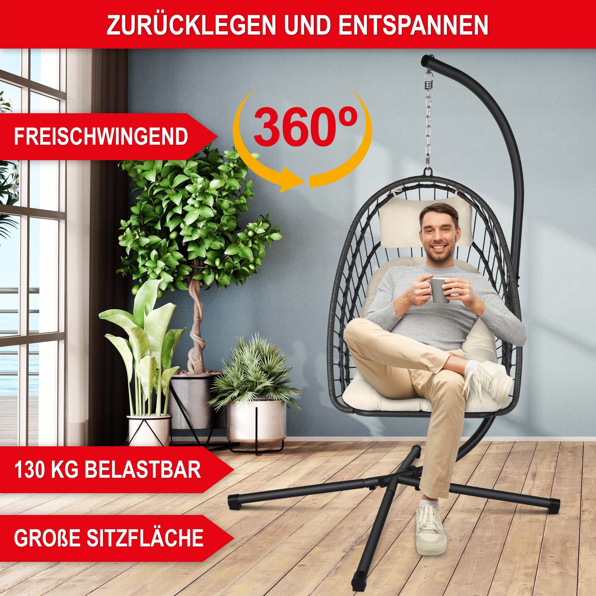 Freischwingender Haengesessel Beige 360° drehbar 130 kg Tragkraft große Sitzfläche ideal zum Entspannen