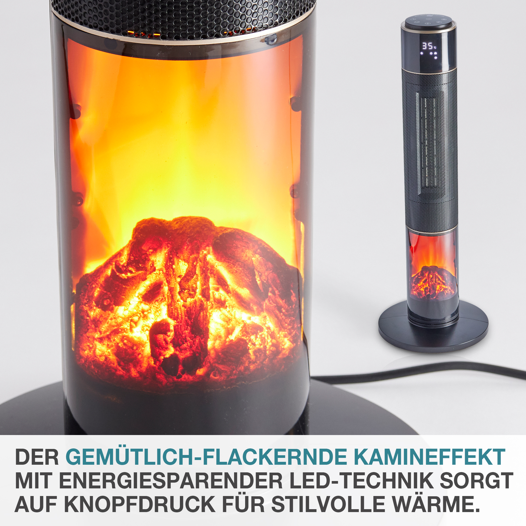 Turmheizer TH-500 mit gemütlich-flackerndem Kamineffekt und energiesparender LED-Technik sorgt auf Knopfdruck für stilvolle Wärme