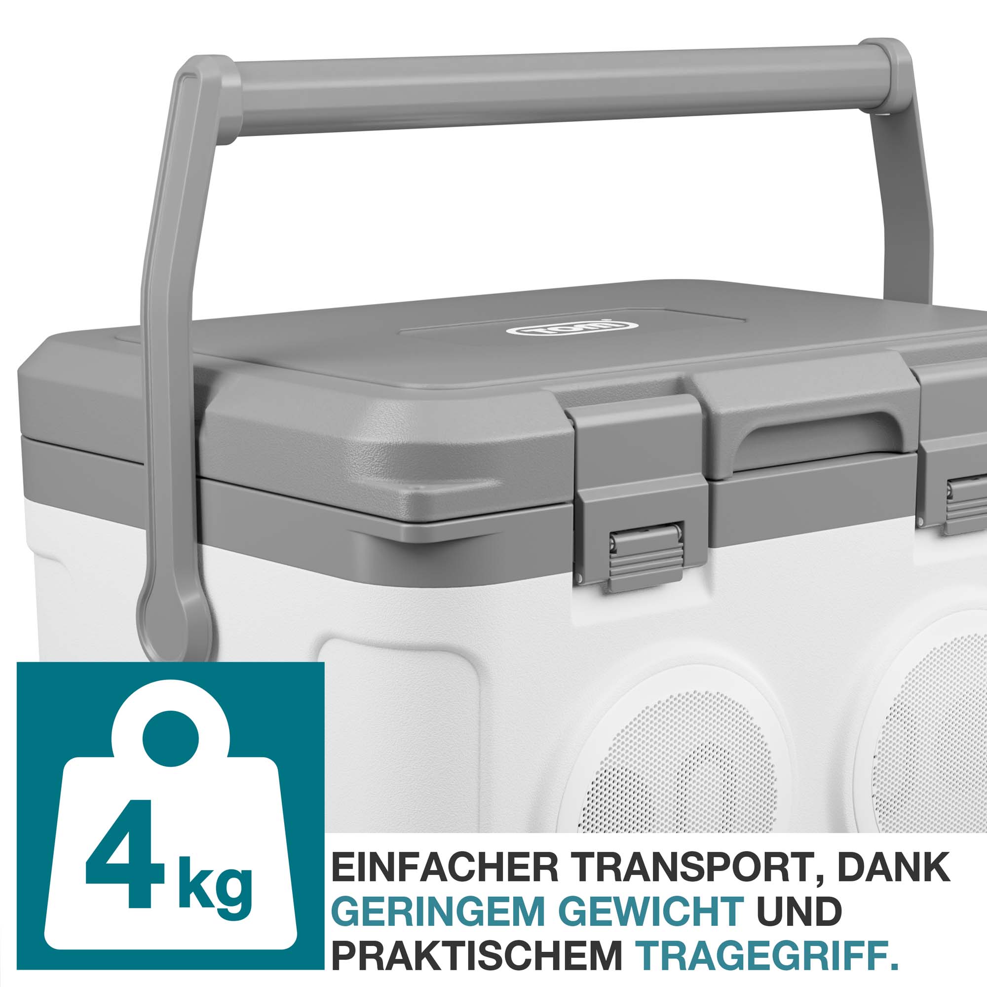 Musikkuehlbox weiss - 4 kg Gewicht - einfacher Transport - Praktischer Tragegriff - Camping - Outdoor