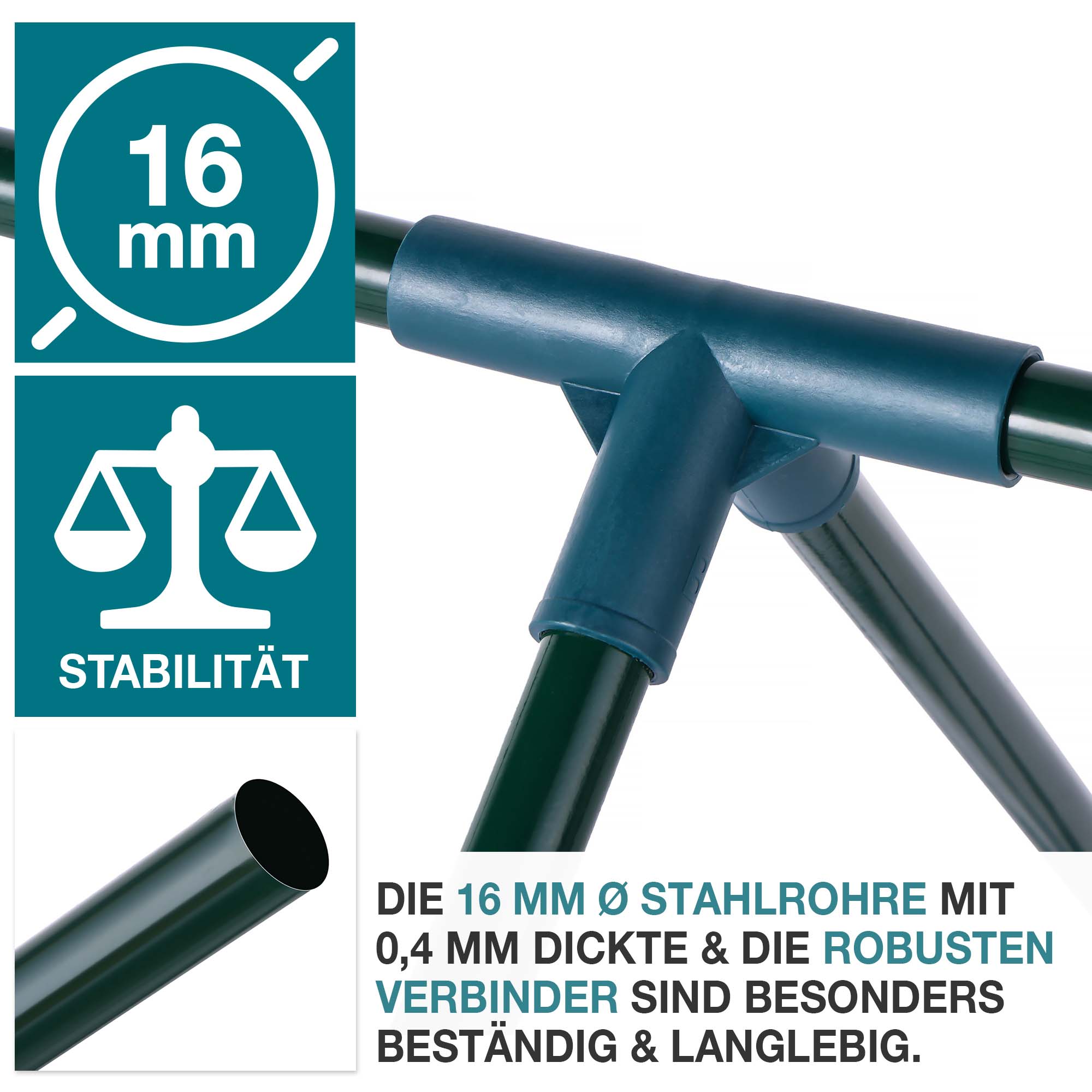 Die 16 mm Stahlrohre mit 0,4 mm Dicke und die robusten Verbinder des Gewächshauses GH-72 sind besonders beständig und langlebig