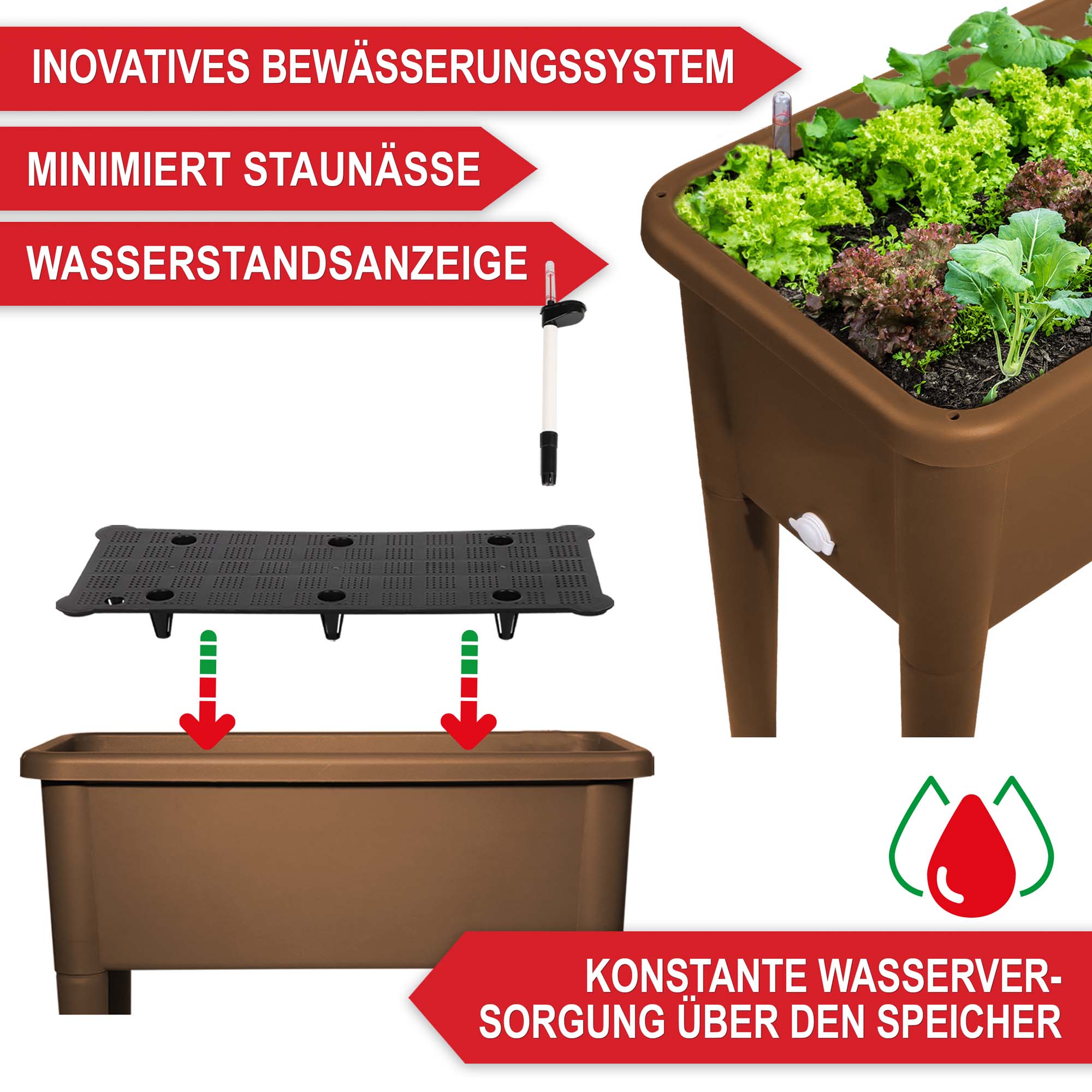 Hochbeet coffee mit Bewässerungssystem minimiert Staunässe Wasserstandsanzeige konstante Wasserversorgung