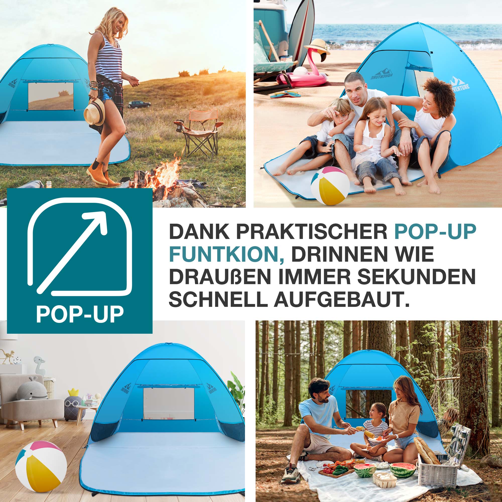  Praktische Pop-Up Funktion und schneller Aufbau der blauen Strandmuschel ideal für verschiedene Umgebungen wie Strand Wald und Innenräume