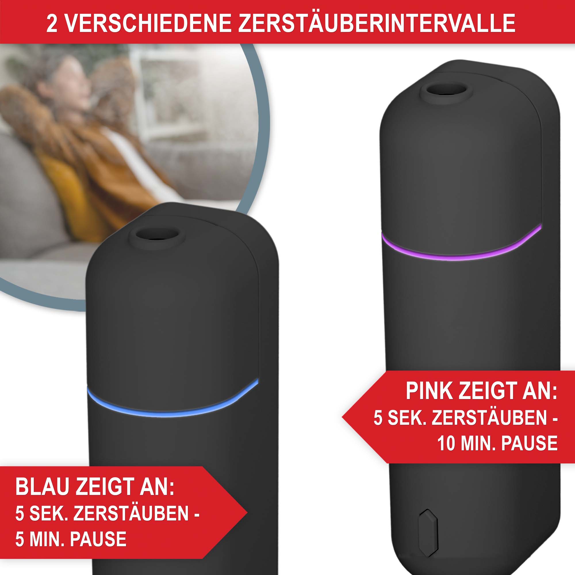 2 verschiedene Zerstäubungsintervalle Aromadiffuser schwarz