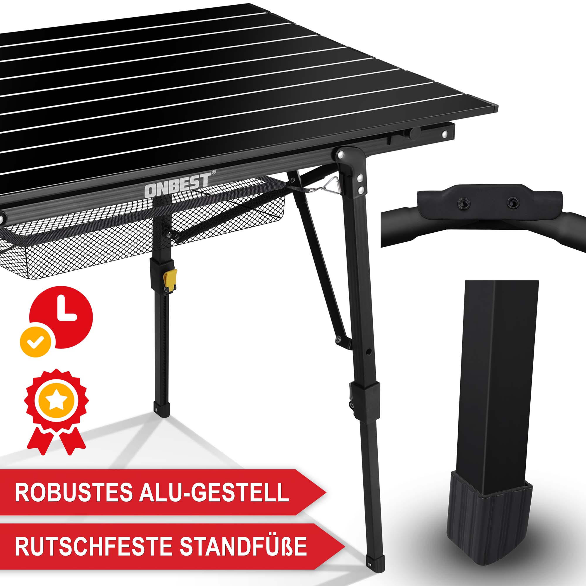 Klappbarer Campingtisch mit robusten Alu-Gestell und rutschfesten Standfüßen - Höhenverstellbarer Aluminiumtisch - Esstisch Balkontisch - Picknick-Tisch