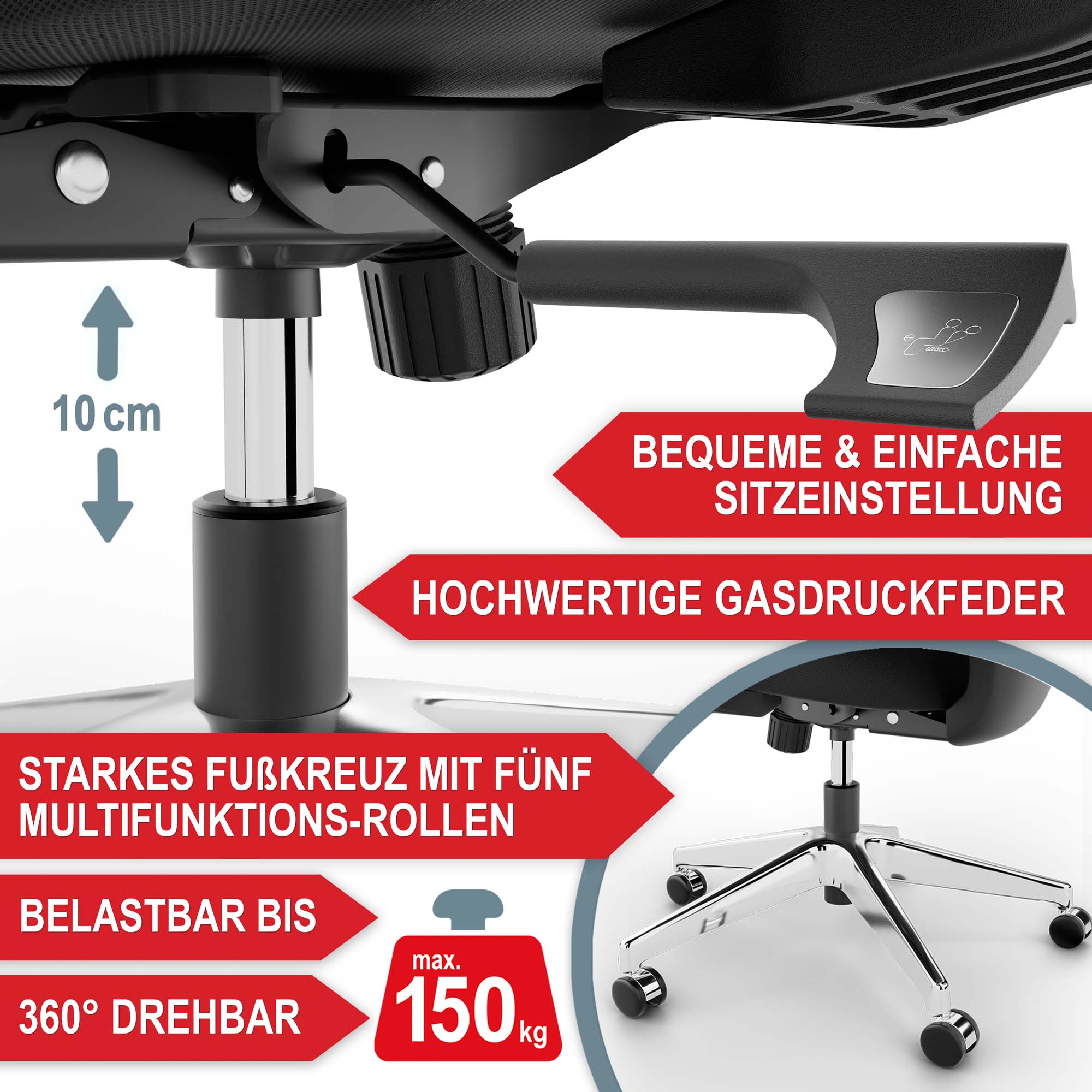 Bürostuhl Monaco Einfache Sitzeinstellung mit hochwertiger Gasdruckfeder und Fußkreuz mit fünf Multifunktions-Rollen bis 150 kg Belastbarkeit und 360 Grad drehbar