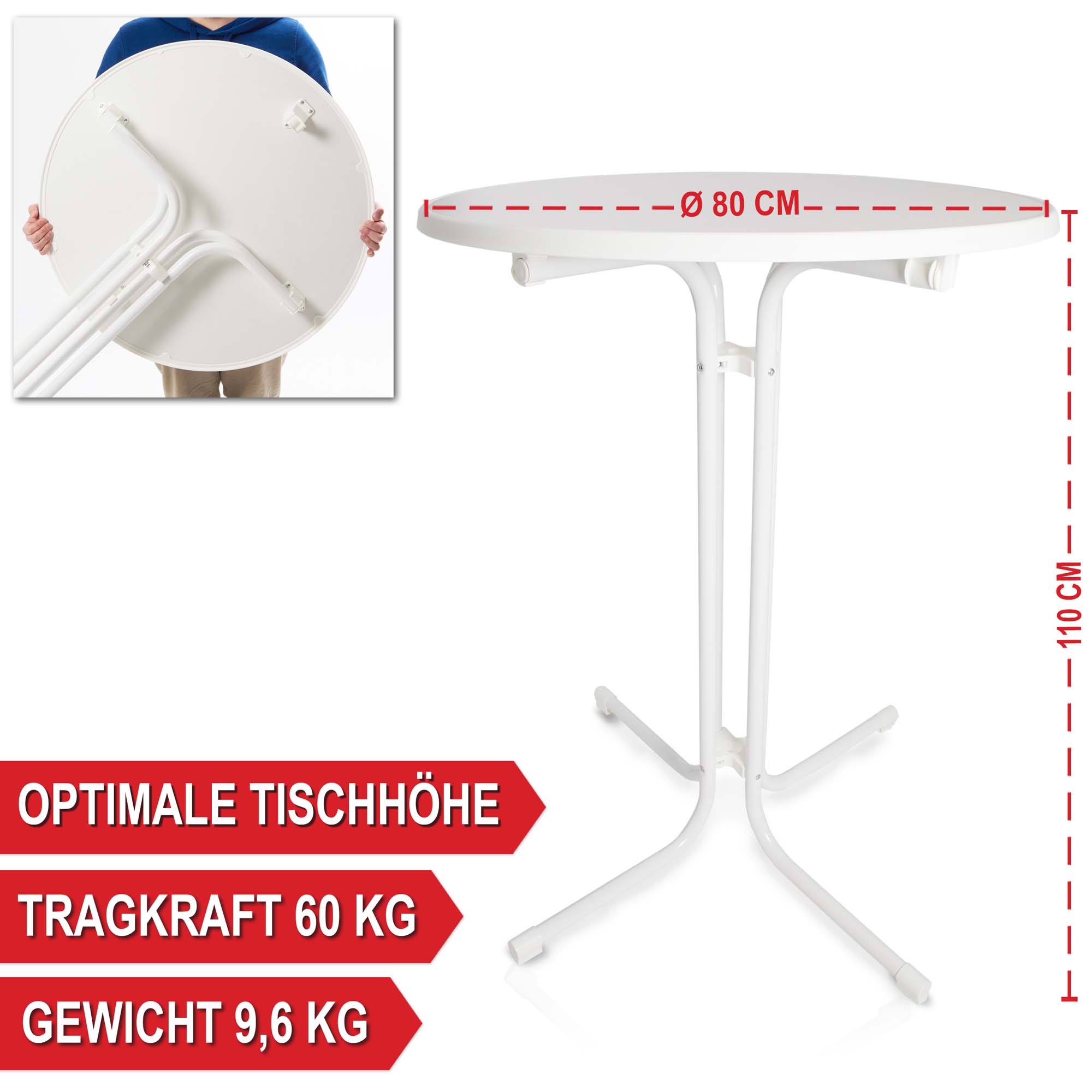 Stehtisch mit Tischhusse weiss - optimale Tischhöhe - Klapptisch mit Husse - Eventtisch mit Überzug - Bartisch mit Tischdecke - Tragkraft 60 kg - Gewicht 9,6 kg - 110 cm hoch - 60 cm Durchmesser