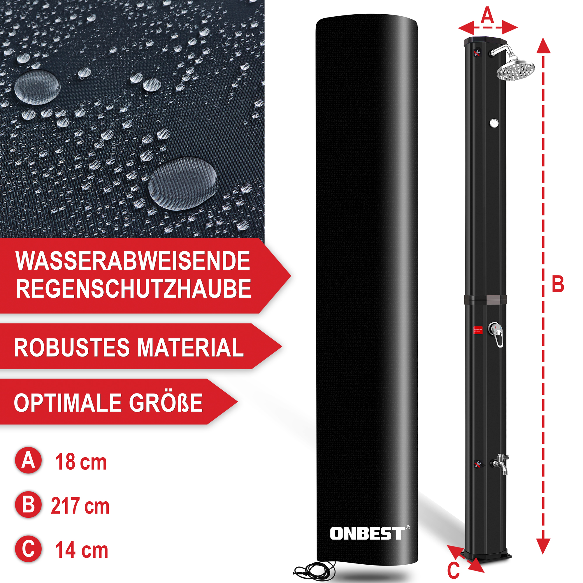 Wasserabweisende Regenschutzhaube - Robustes Material - Optimale Größe (A: 18 cm, B: 217 cm, C: 14 cm) - Solardusche - Gartendusche - Außendusche - Pooldusche - Wetterfest - Langlebig