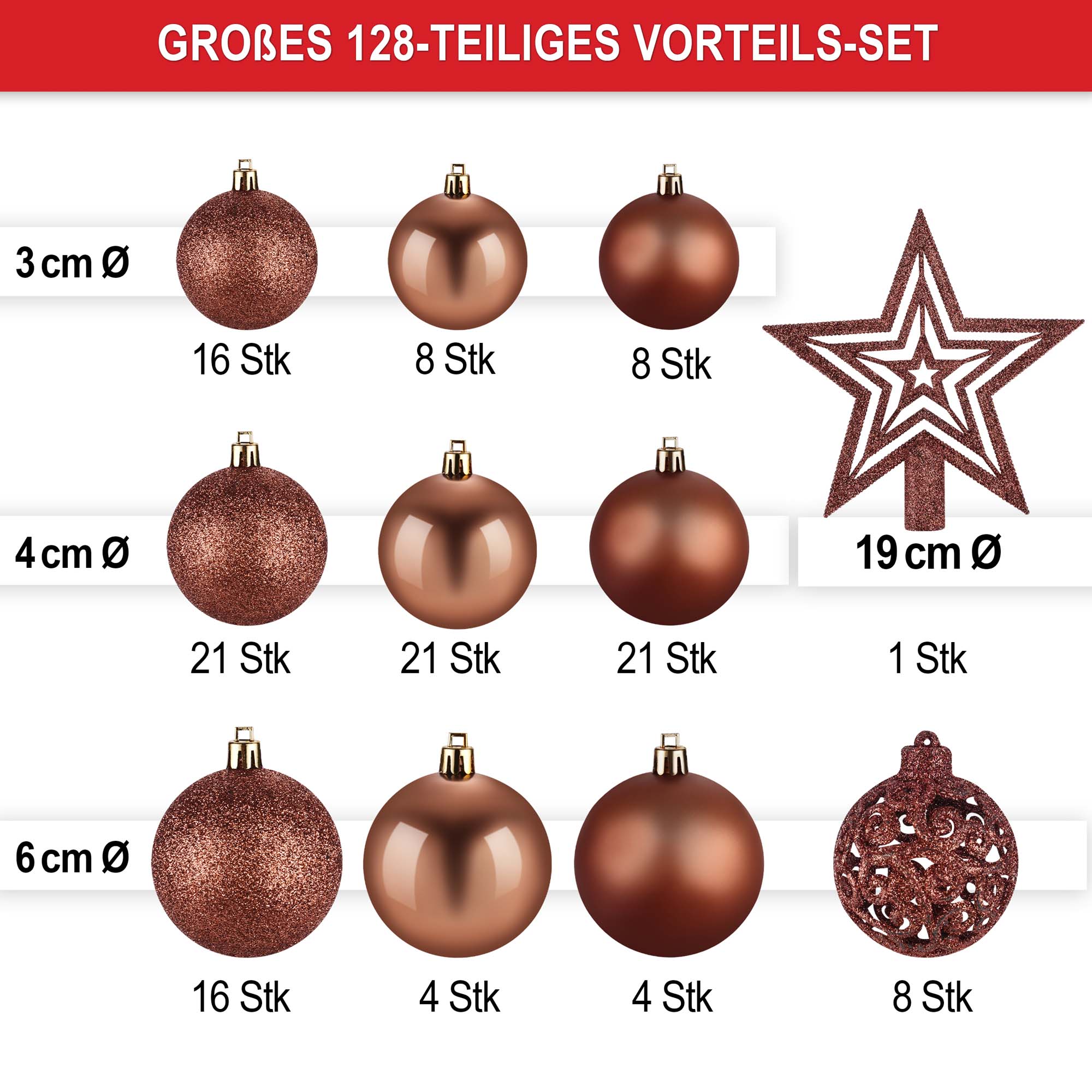 128 teiliges Weihnachtskugeln set in 3 groessen braun