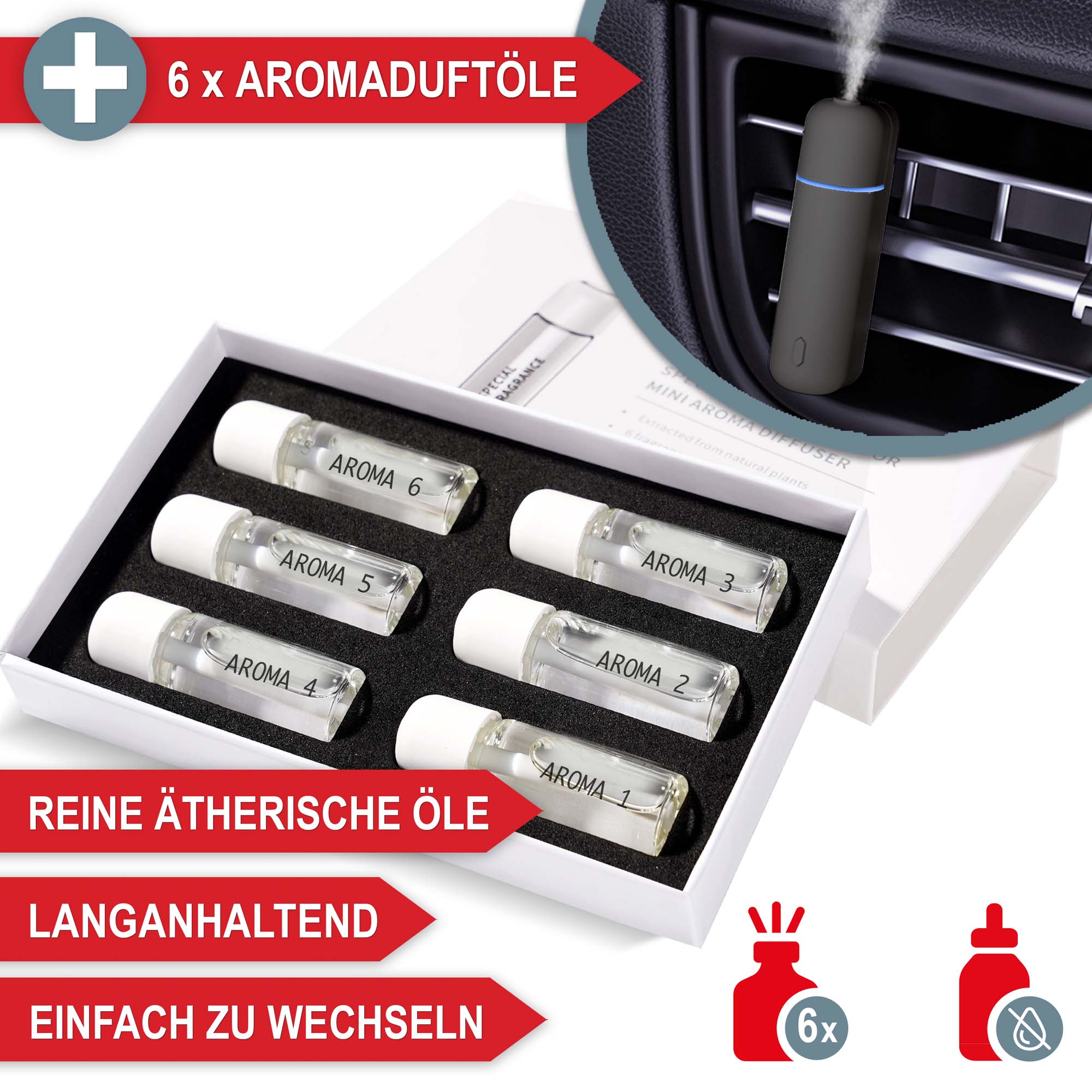 6 x Aroma-Duftoele Reine Aetherische Oele einfach zu wechseln schwarz