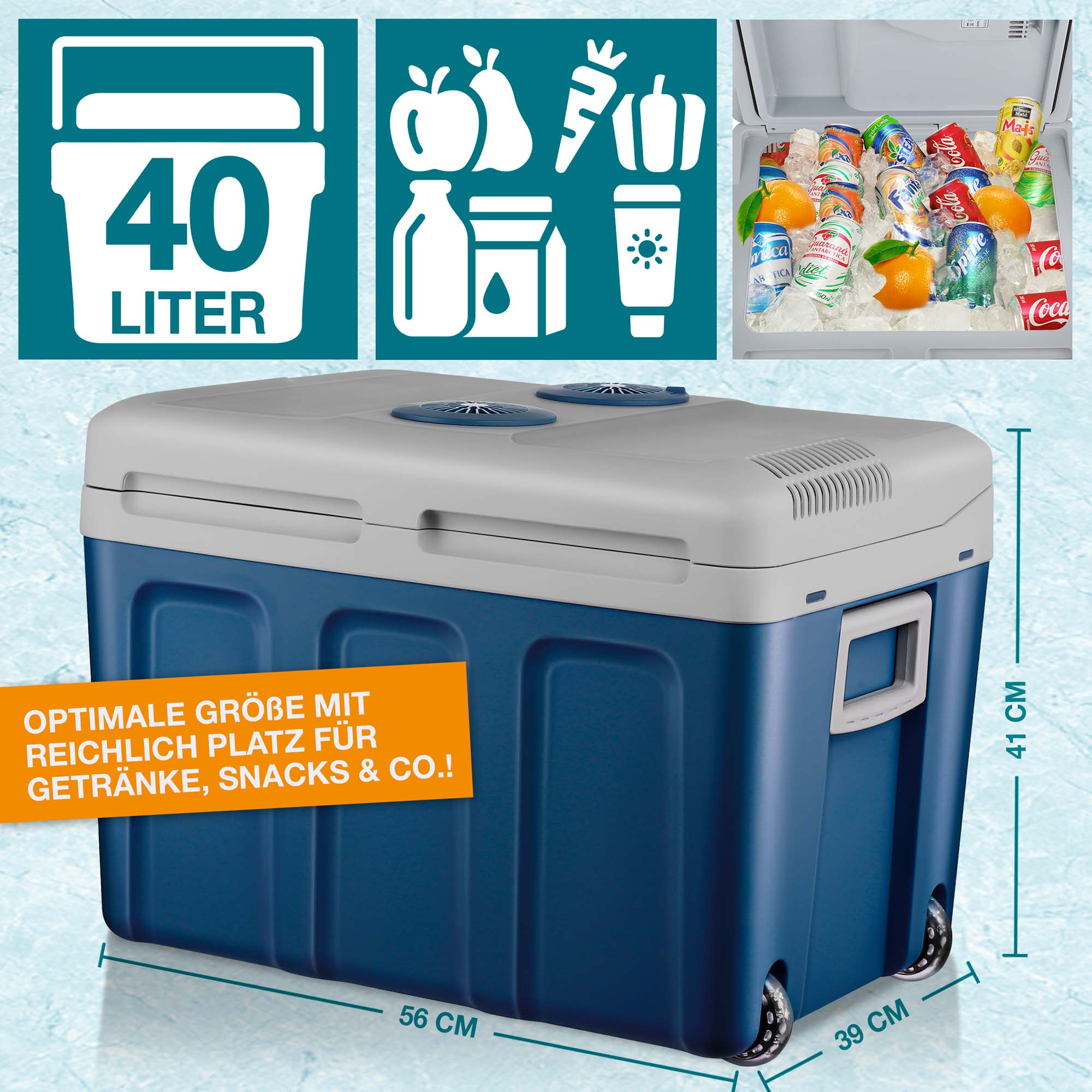 Kühlbox blau (40 Liter, 56 x 41 x 38 cm) – Optimale Größe mit reichlich Platz für Getränke, Snacks & Co. Transportbox – Thermobox – Isolierbox – Kühlcontainer – Tragbare Kühlung – Reisebox – Kältebox – Picknickbox – Outdoor-Kühlbox – Frischebox