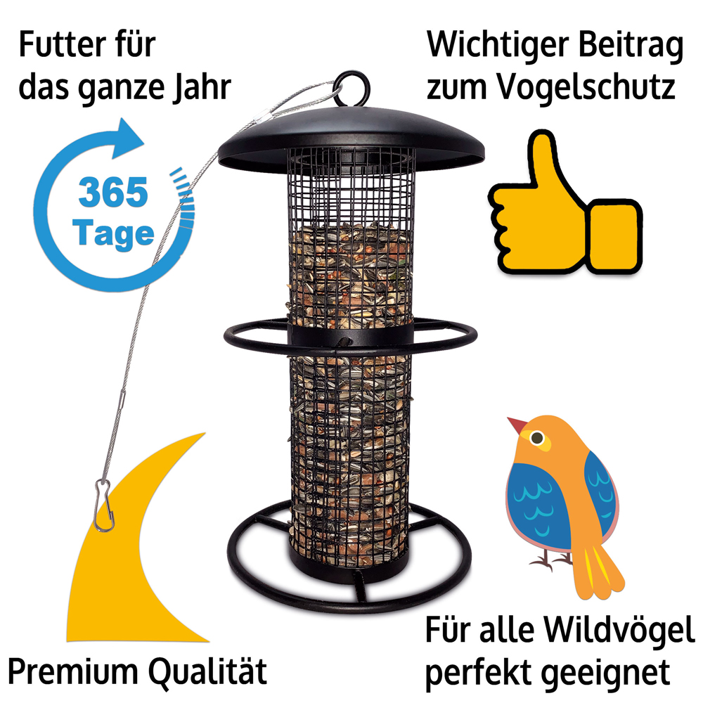 Das Futtersilo bietet das ganze Jahr über Premium-Qualität und ist perfekt für alle Wildvögel geeignet. Es trägt einen wichtigen Beitrag zum Vogelschutz bei und sorgt für eine sichere und kontinuierliche Futterversorgung deiner gefiederten Freunde