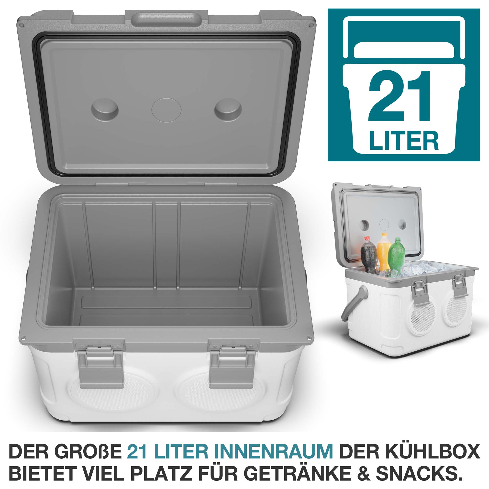 Musikkühlbox weiß - 21 Liter Fassungsvermögen – Großer Innenraum für Snacks und Getränke – Perfekt für unterwegs und Outdoor-Aktivitäten