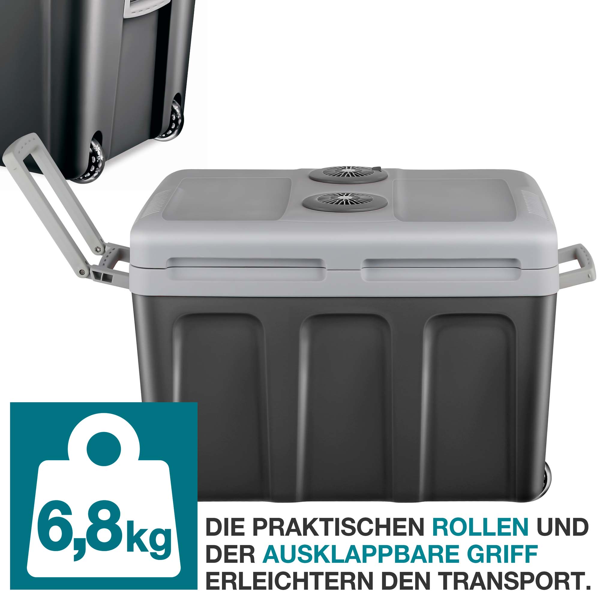 Kühlbox blau – Die praktischen Rollen und der ausklappbare Griff erleichtern den Transport. Transportbox – Thermobox – Isolierbox – Kühlcontainer – Tragbare Kühlung – Reisebox – Kältebox – Picknickbox – Outdoor-Kühlbox – Frischebox grau