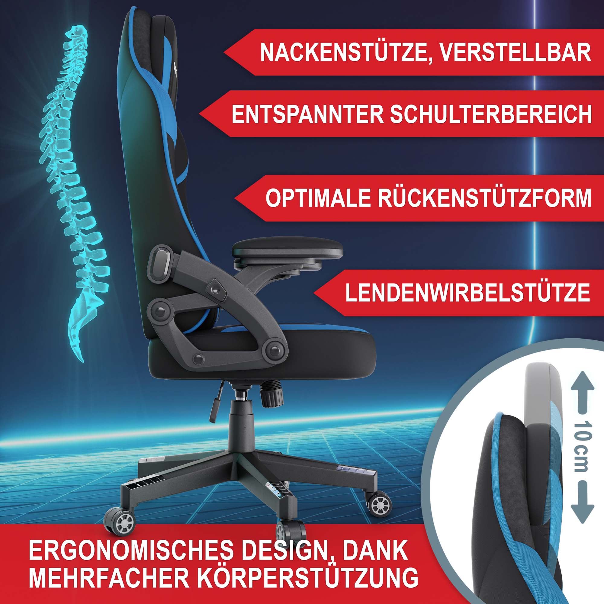 Ergonomischer Gaming Stuhl schwarz-blau mit verstellbarer Nackenstütze Lendenwirbelstütze und optimaler Rückenstützform für entspannten Schulterbereich