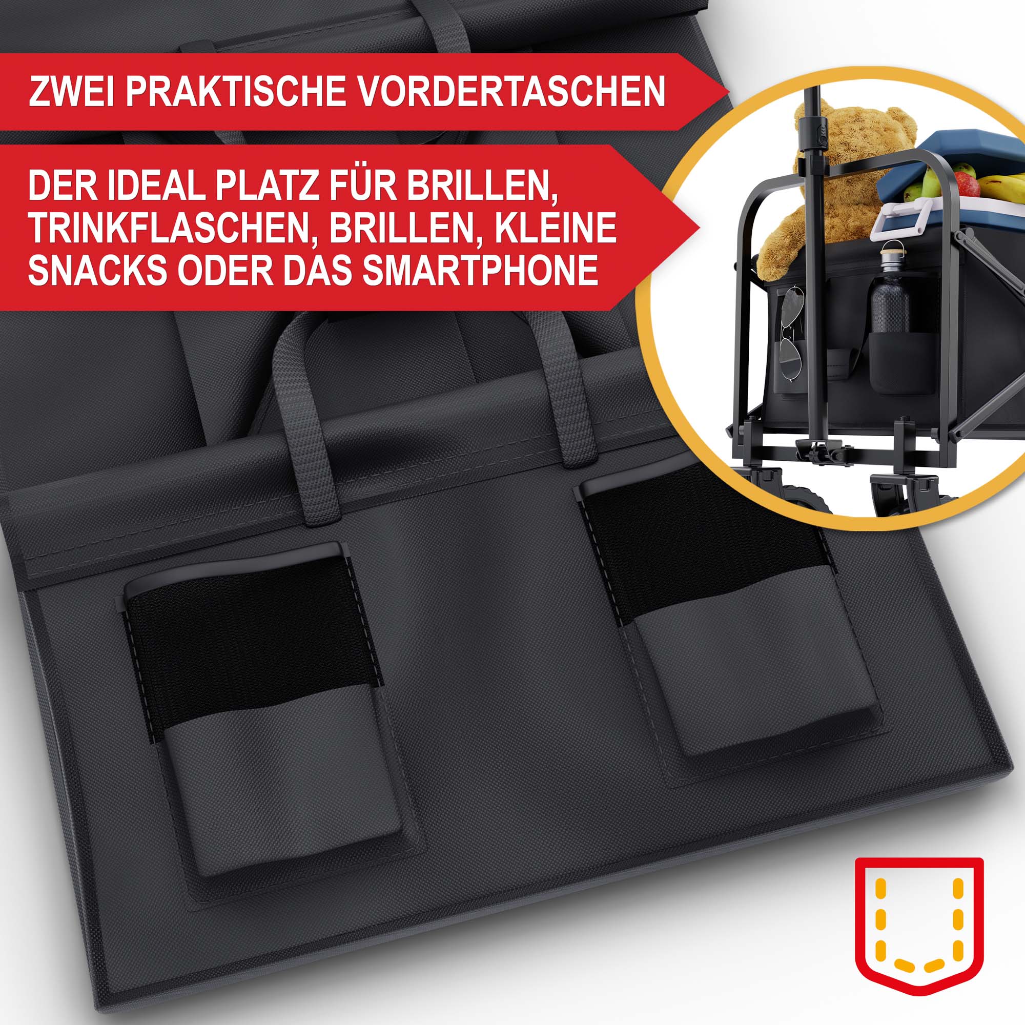 Bollerwagen Schwarz mit zwei praktische Vordertaschen