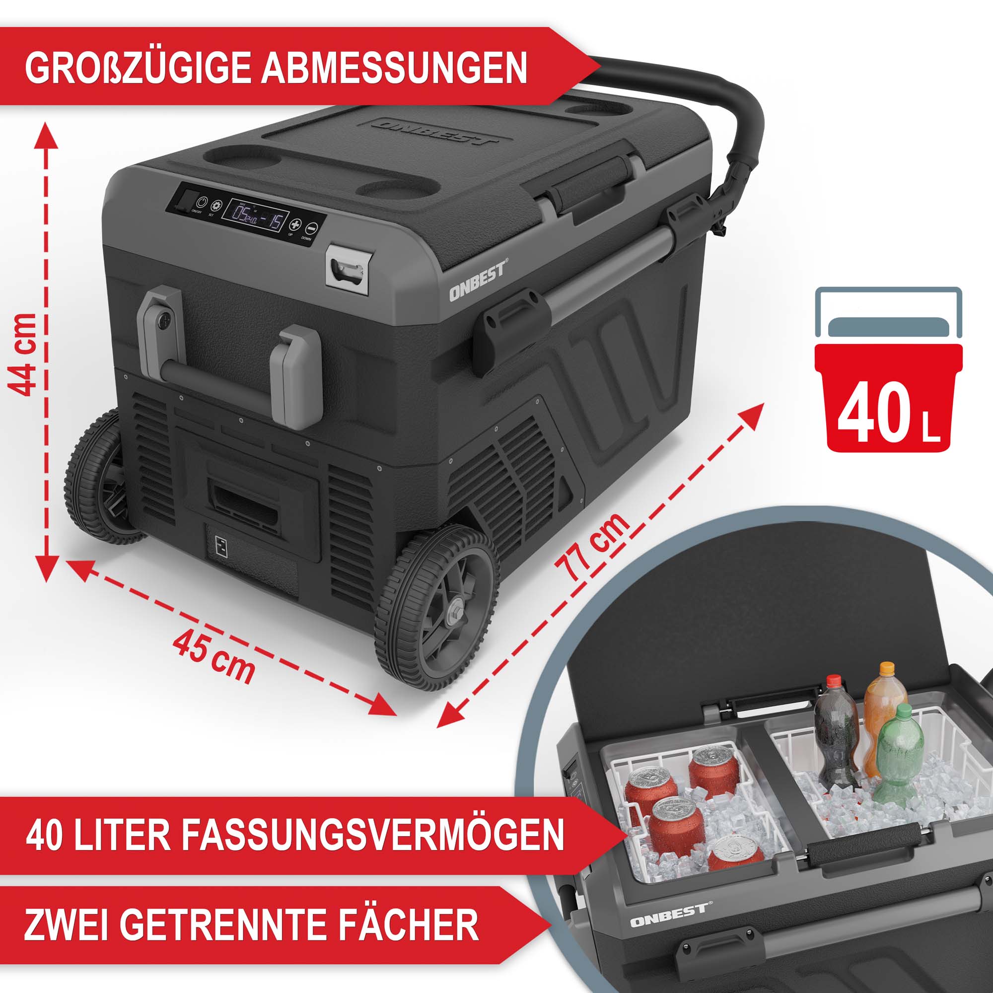 40 Liter Kühlbox mit zwei getrennten Fächern und großzügigen Abmessungen für vielseitigen Einsatz