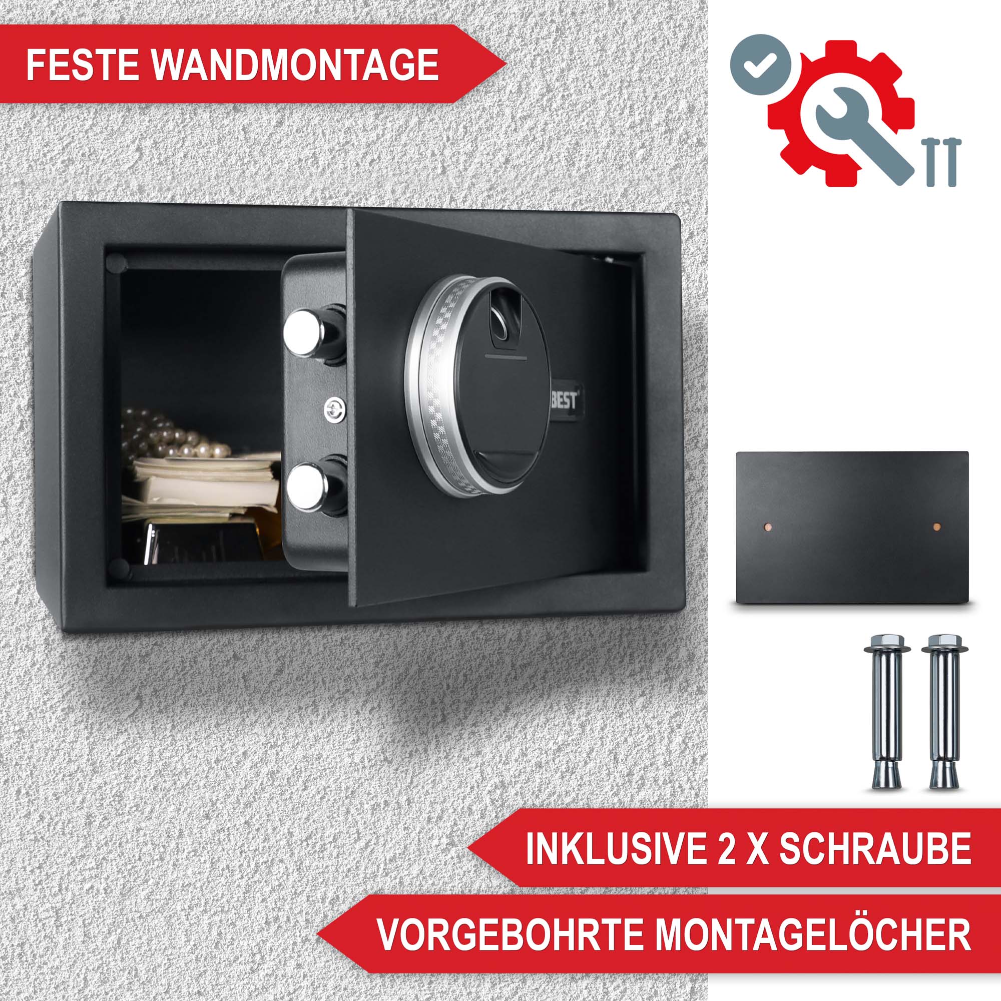 Feste Wandmontage - Inklusive 2 x Schraube - Vorgebohrte Montagelöcher - Elektronischer Safe - Tresor - Sicherheitsschrank - Wertschutz - Sicherheitsbox