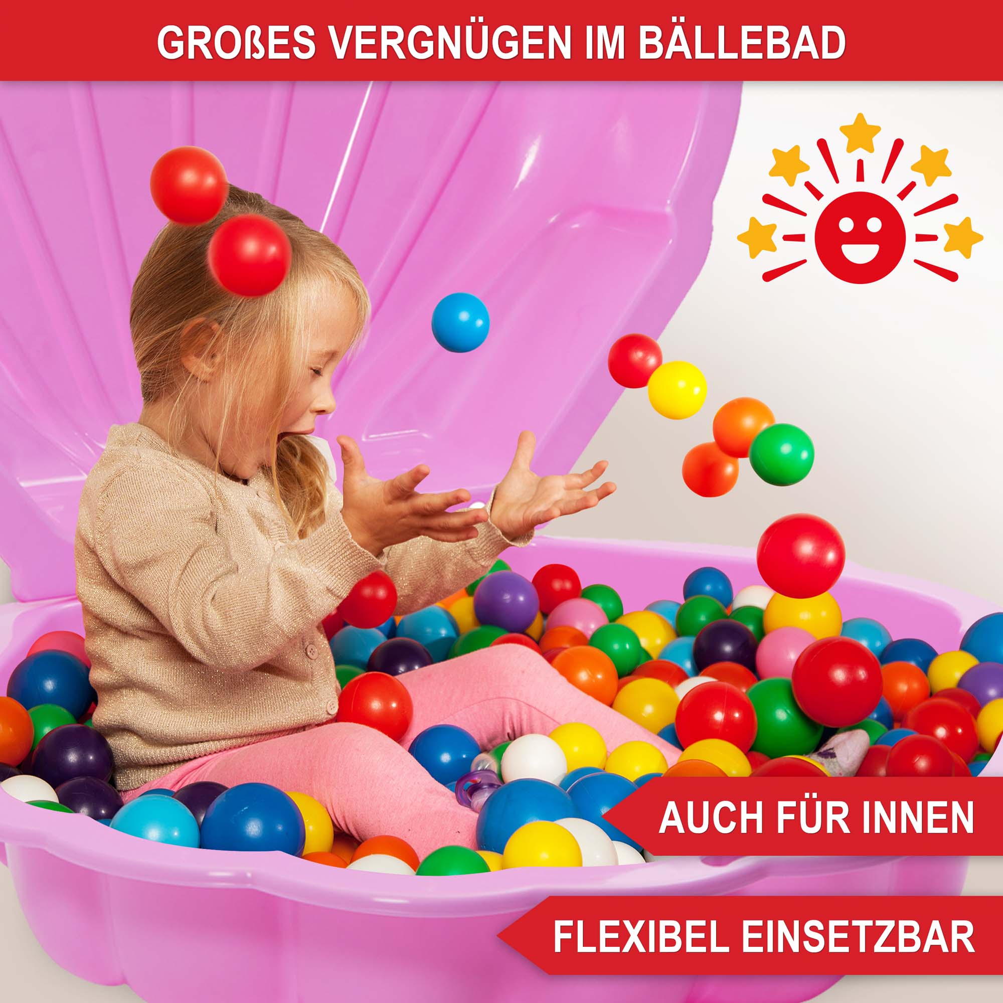 Großes Vergnügen im Bällebad - auch für Innen - flexibel einsetzbar - Sandkasten Muschel Pink - wetterfest - für Kinder ab ein Jahr - langlebig - robust - UV-beständig