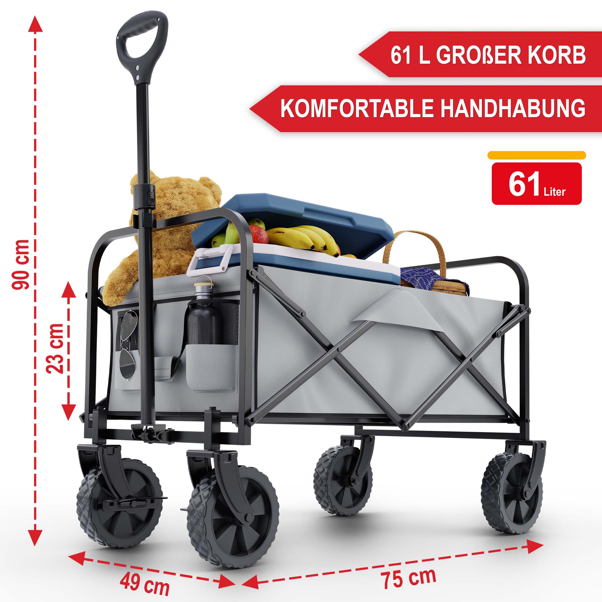 61 Liter großer Korb Bollerwagen Grau 49 x 90 x 75 cm