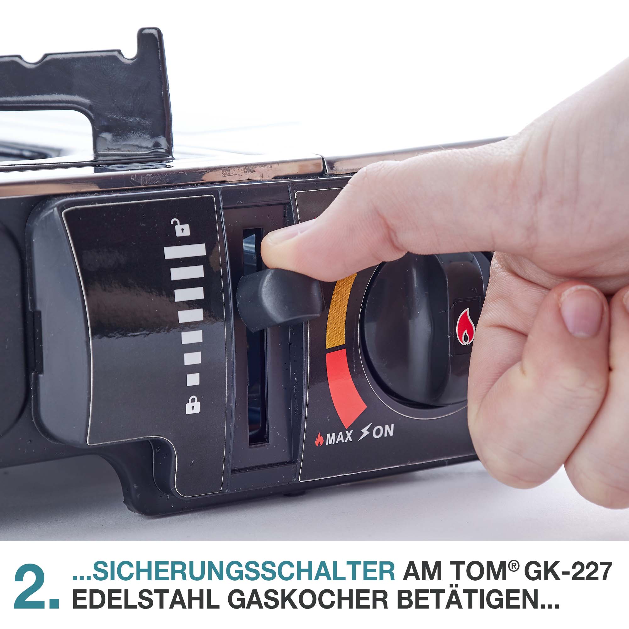 Gaskocher edelstahl - sicherer Kartuschenwechsel - 227 G Gaskartusche einfach ins Gerät einlegen bis sie einrastet - Camping - Kocher - Outdoormpingkocher GK-227 - Sicherungsschalter am Gaskocher - Flamme - Camping - Kochen - Outdoor Kochstation