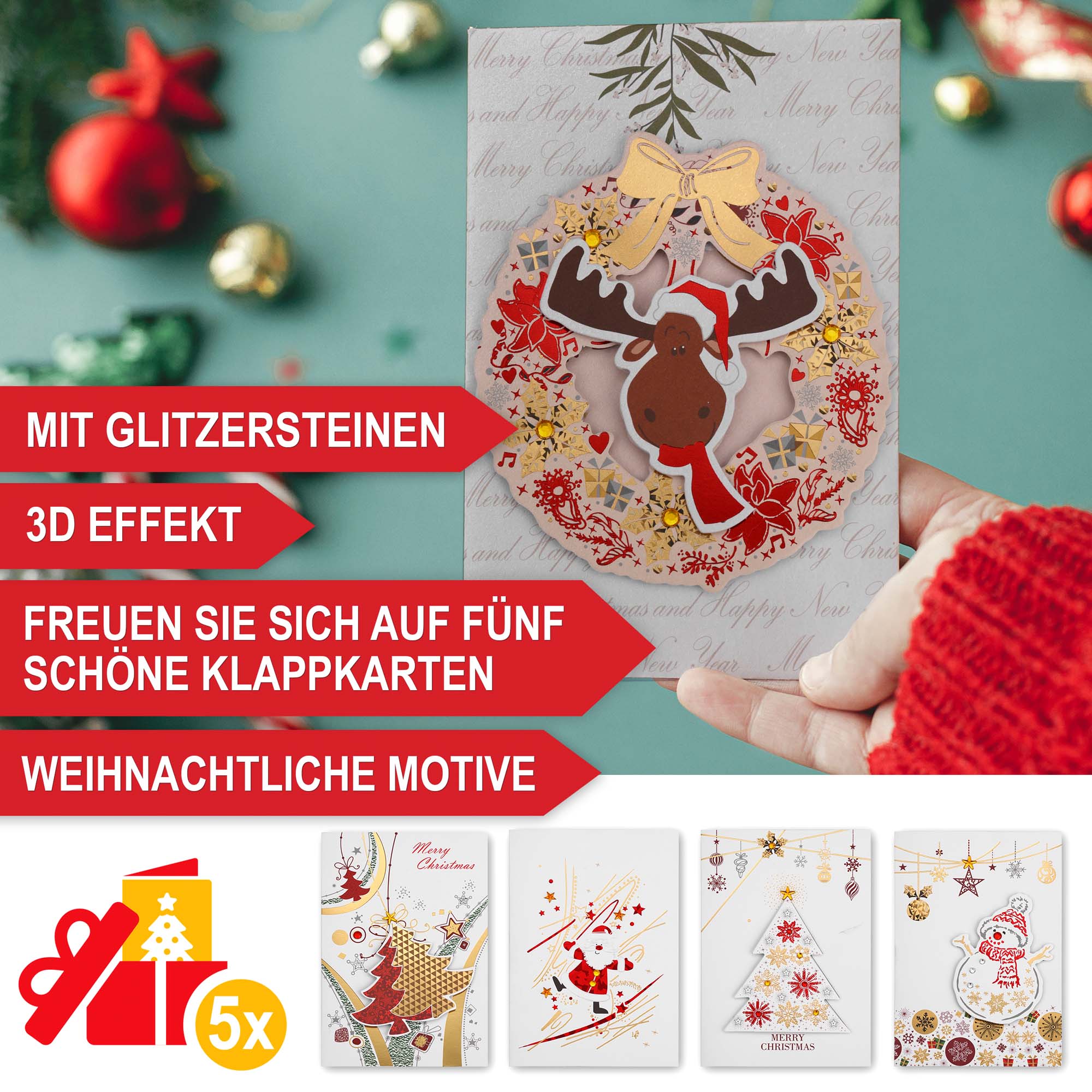 5 Klappkarten weihnachtliche Motive mit Glitzersteinen 3D Effekt