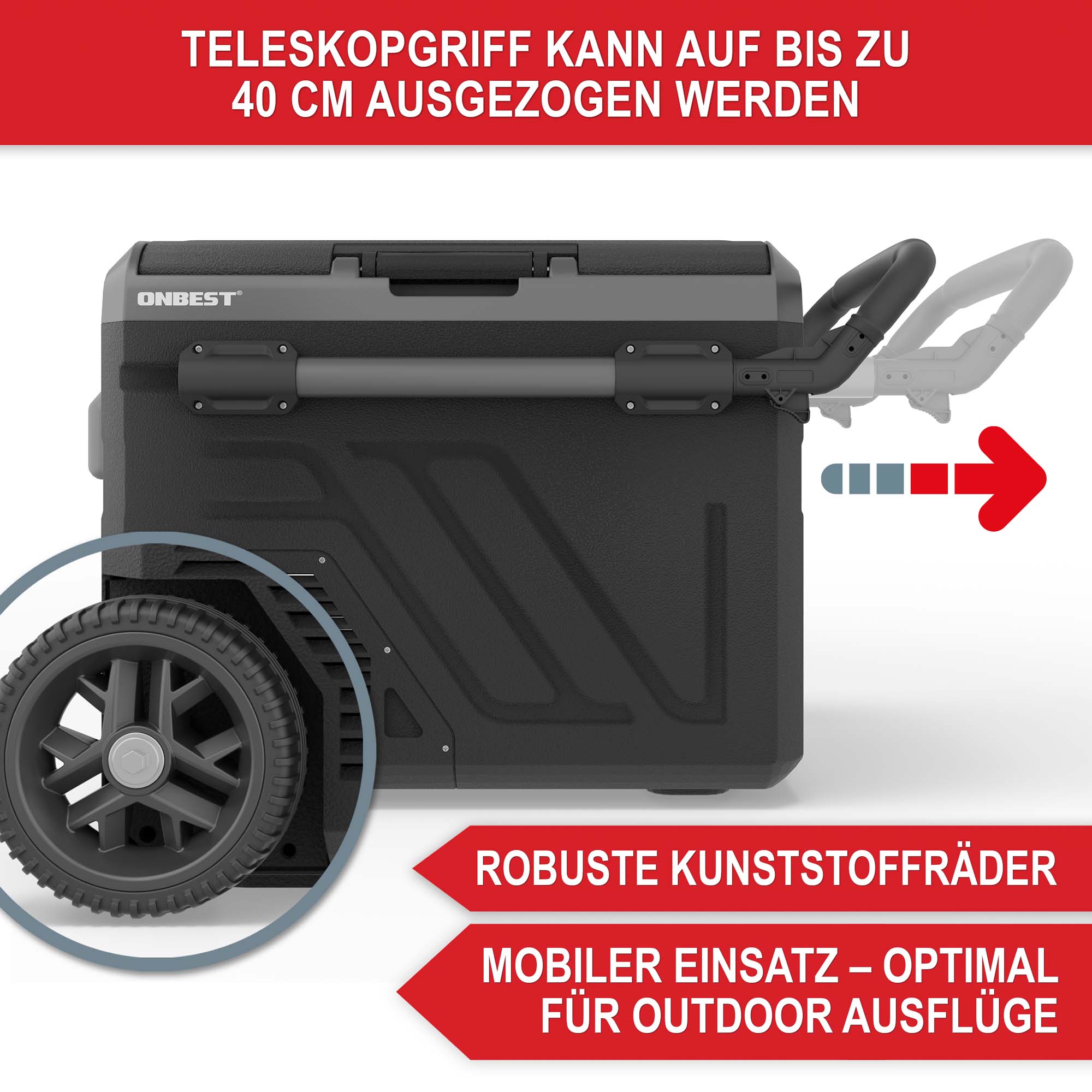 Teleskopgriff bis zu 40 cm ausziehbar robuste Kunststoffräder ideal für Outdoor Ausflüge