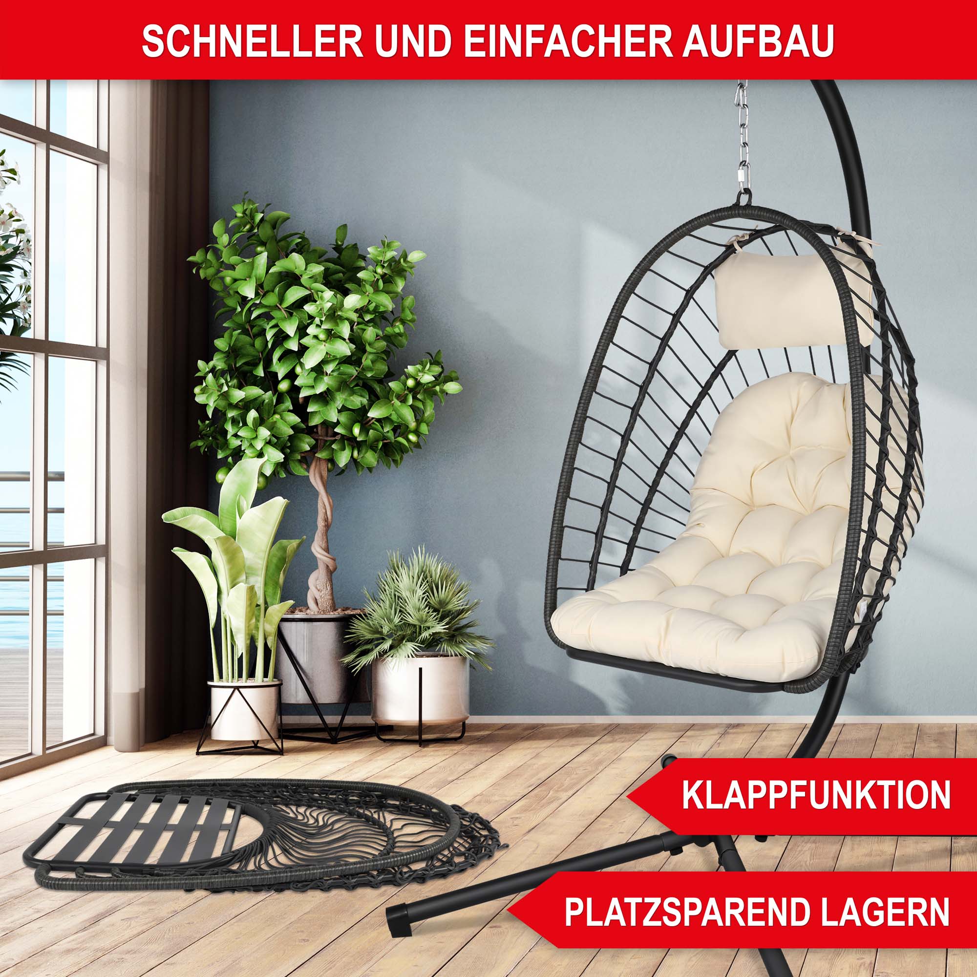 Schnell aufzubauender Schwingstuhl Beige mit Klappfunktion platzsparend lagern