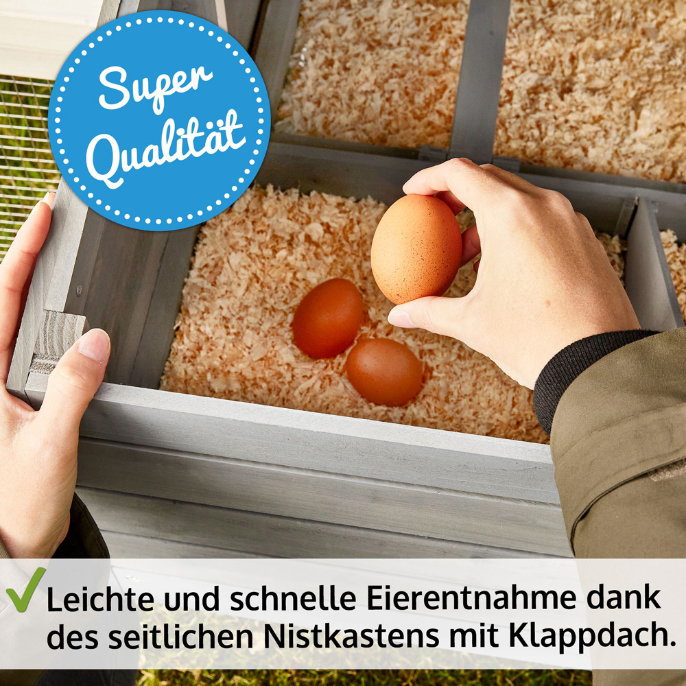 Leichte und schnelle Eierentnahme dank des seitlichen Nistkastens mit Klappdach bietet super Qualität und Benutzerfreundlichkeit für eine stressfreie Hühnerhaltung