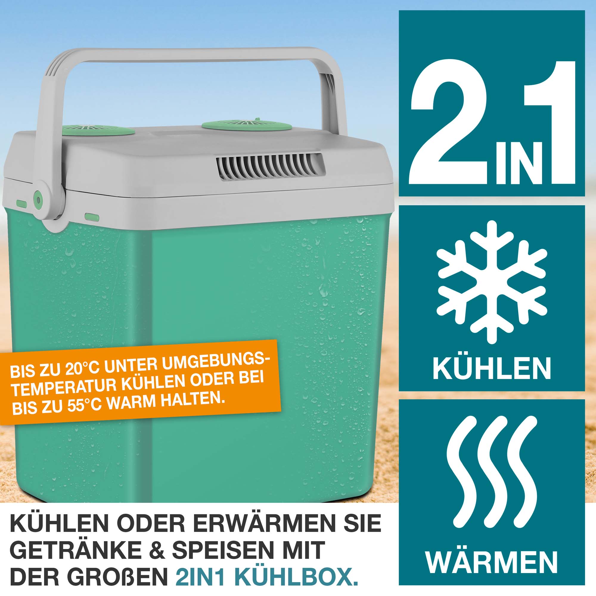 Kühlbox gruen – Kühlbehälter – Getränkekühler – Speisenkühler – Wärmekasten – Thermobox – Eiskasten – Warmhaltegerät – Kühltasche – 2-in-1 Kühler