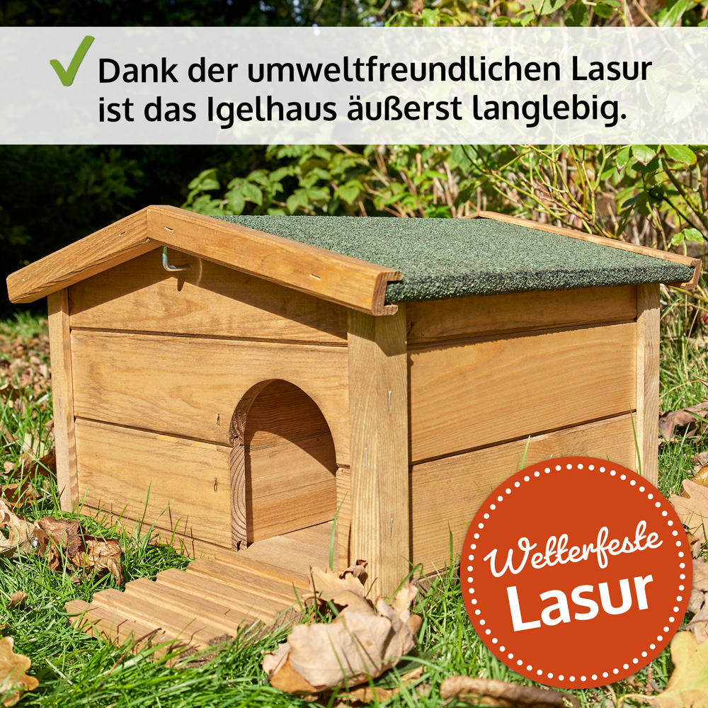 Dank der umweltfreundlichen Lasur ist das Igelhaus Ruby äußerst langlebig und wetterfest perfekt für den langfristigen Einsatz im Garten