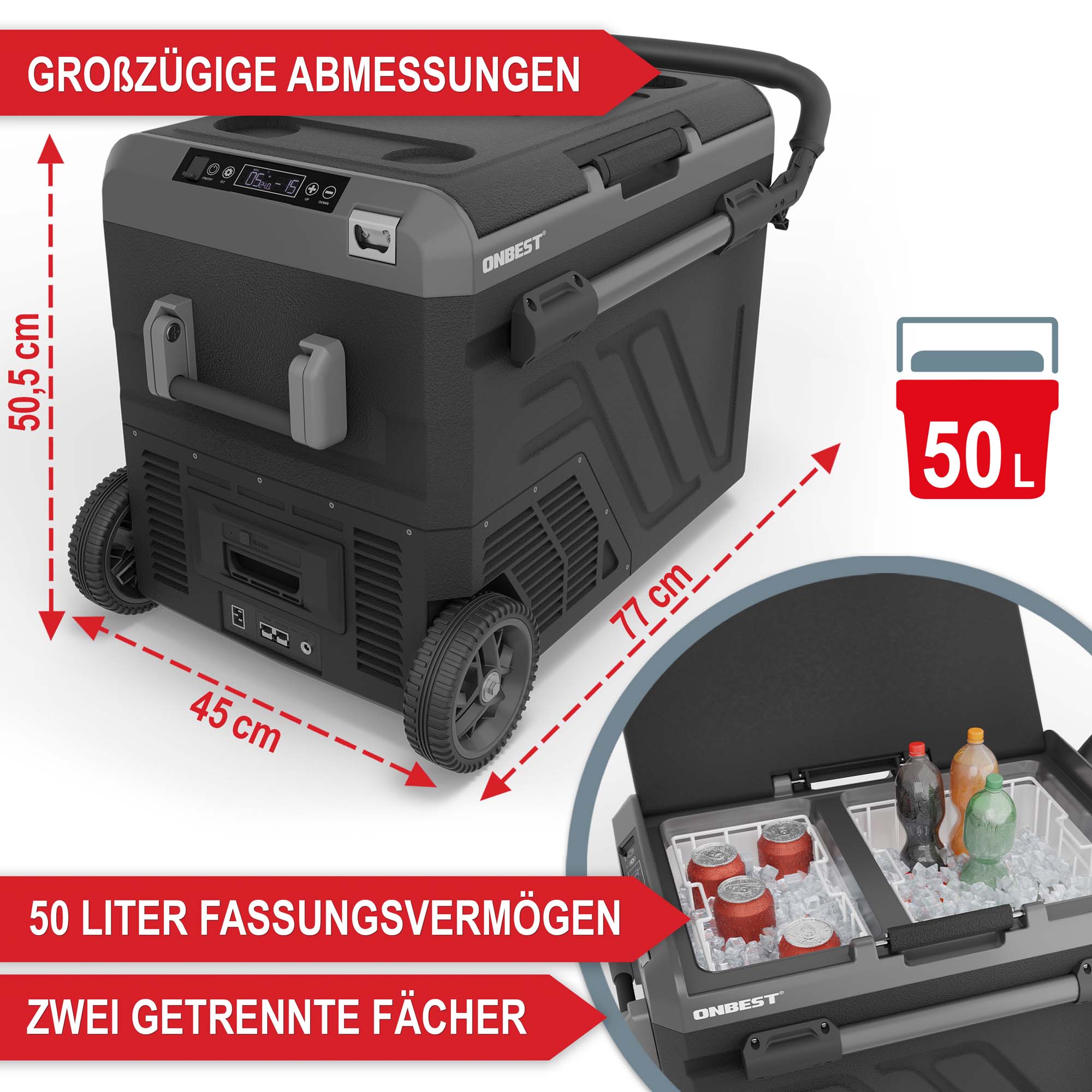 Geräumige 50 Liter Kühlbox mit getrennten Faechern und praktischen Abmessungen