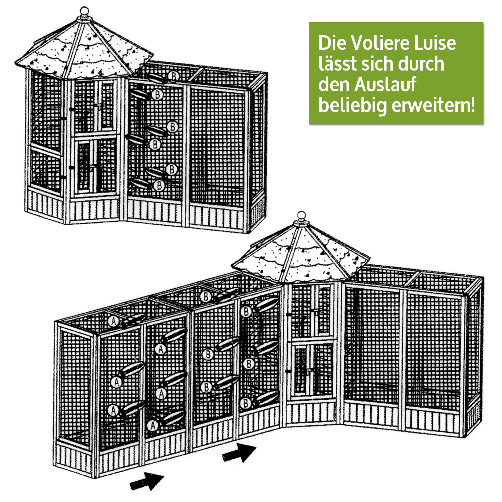 Die Vogelvoliere Luise lässt sich flexibel erweitern und bietet mit ihren robusten Elementen viel Platz für Vögel. Ideal für alle, die ihren gefiederten Freunden ein großzügiges und individuell anpassbares Zuhause bieten möchten