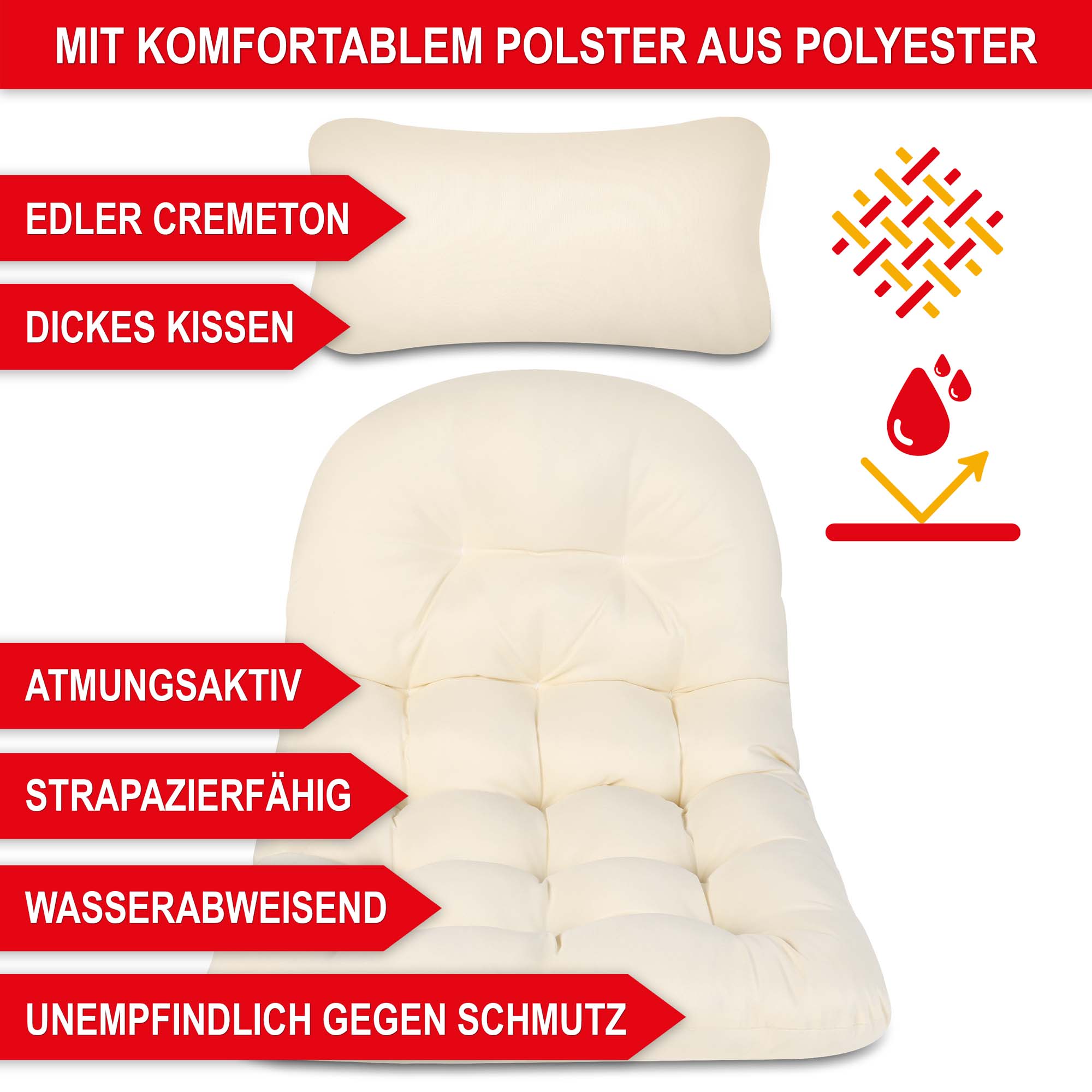 Komfortables Kissen beige aus Polyester edler Cremeton atmungsaktiv strapazierfähig wasserabweisend schmutzresistent