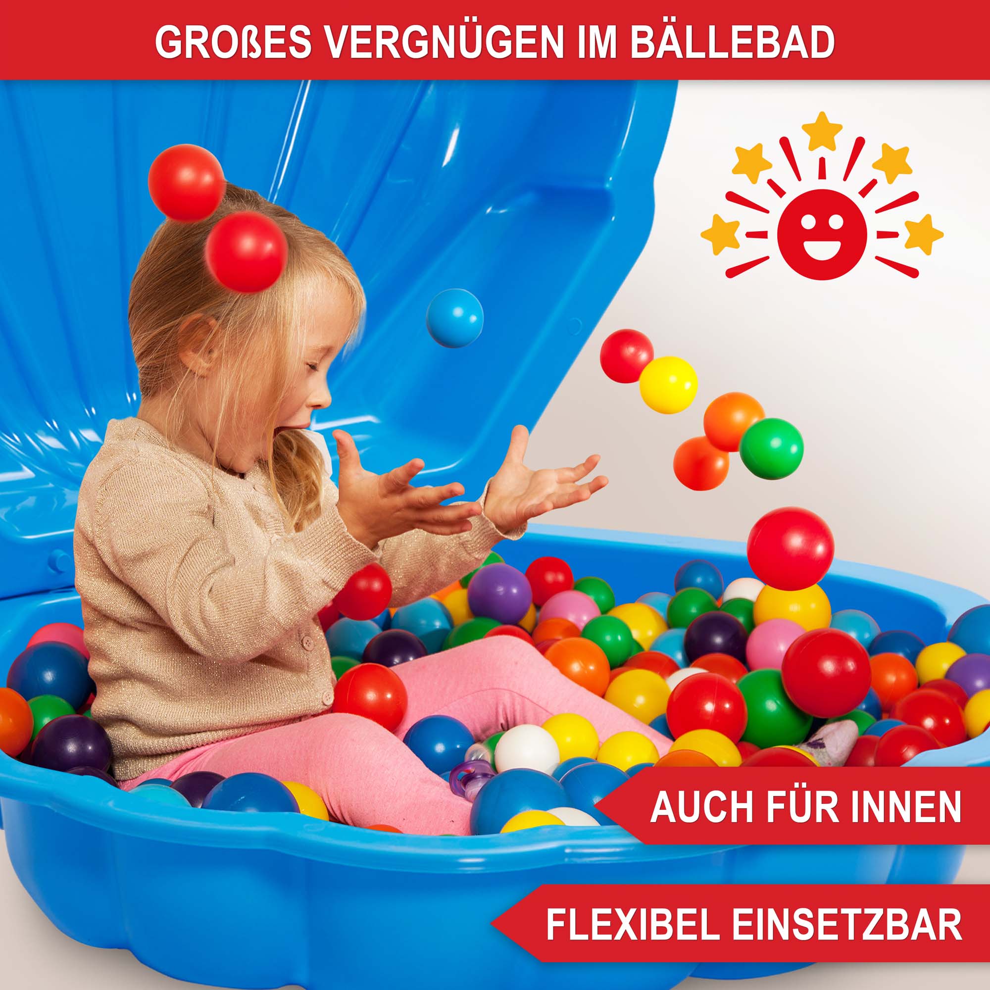 Großes Vergnügen im Bällebad - auch für Innen - flexibel einsetzbar - Sandkasten Muschel Blau - wetterfest - für Kinder ab ein Jahr - langlebig - robust - UV-beständig