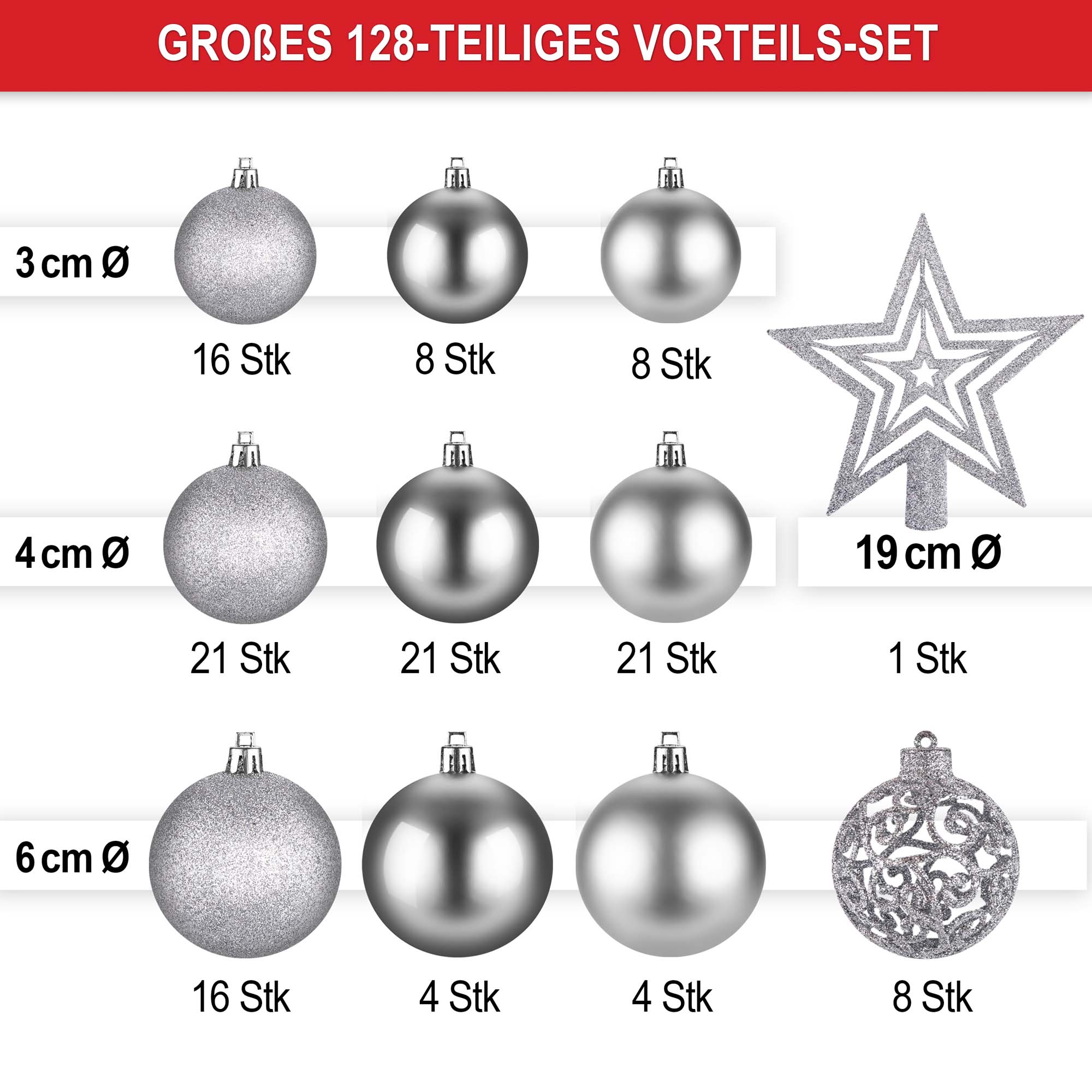 128 teiliges Weihnachtskugeln set in 3 groessen silber