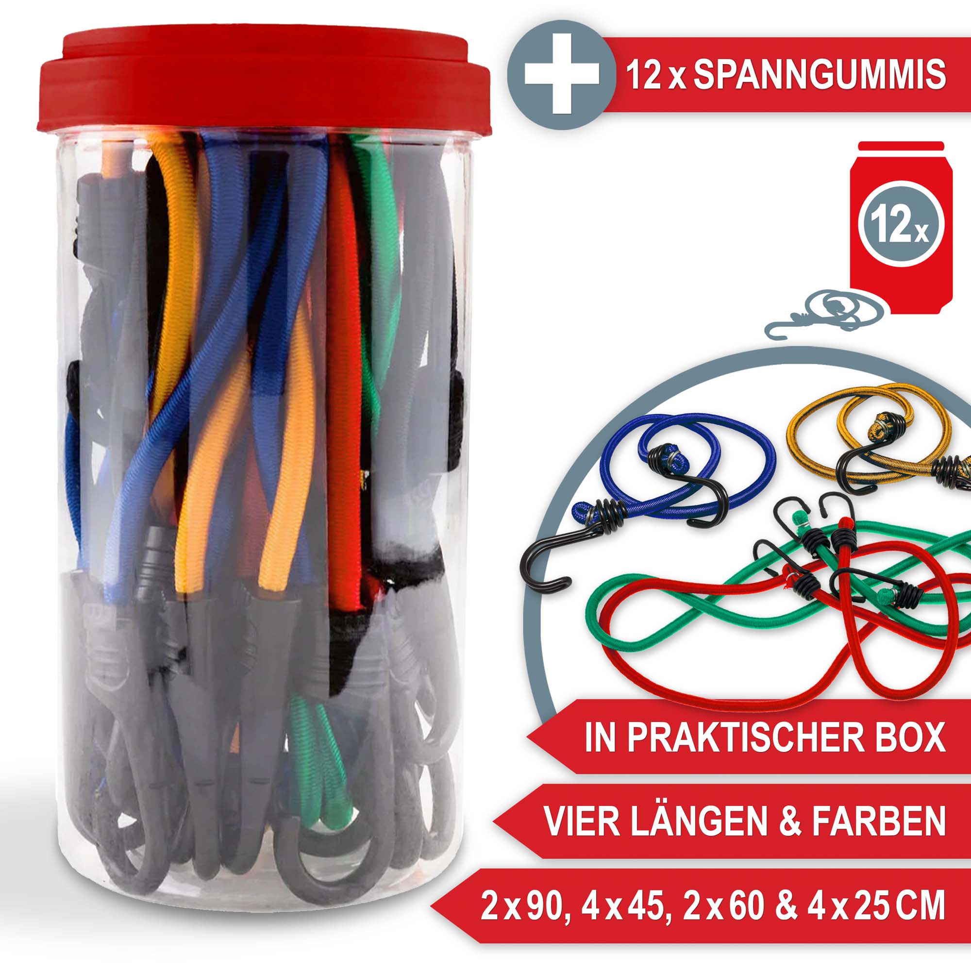 12 Spanngummis in praktischer Box für einfachen Transport